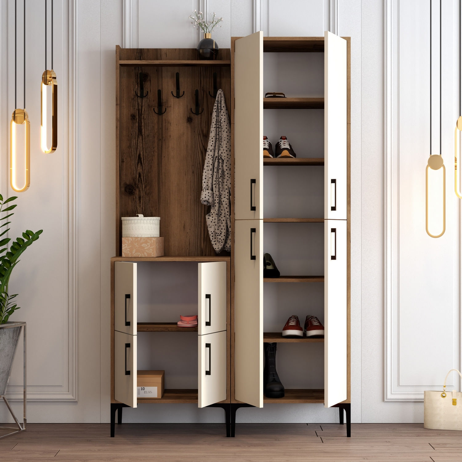 Cuier hol, Hanah Home, pal melaminat, nuc, crem, 120x35x200 cm — imaginea 4