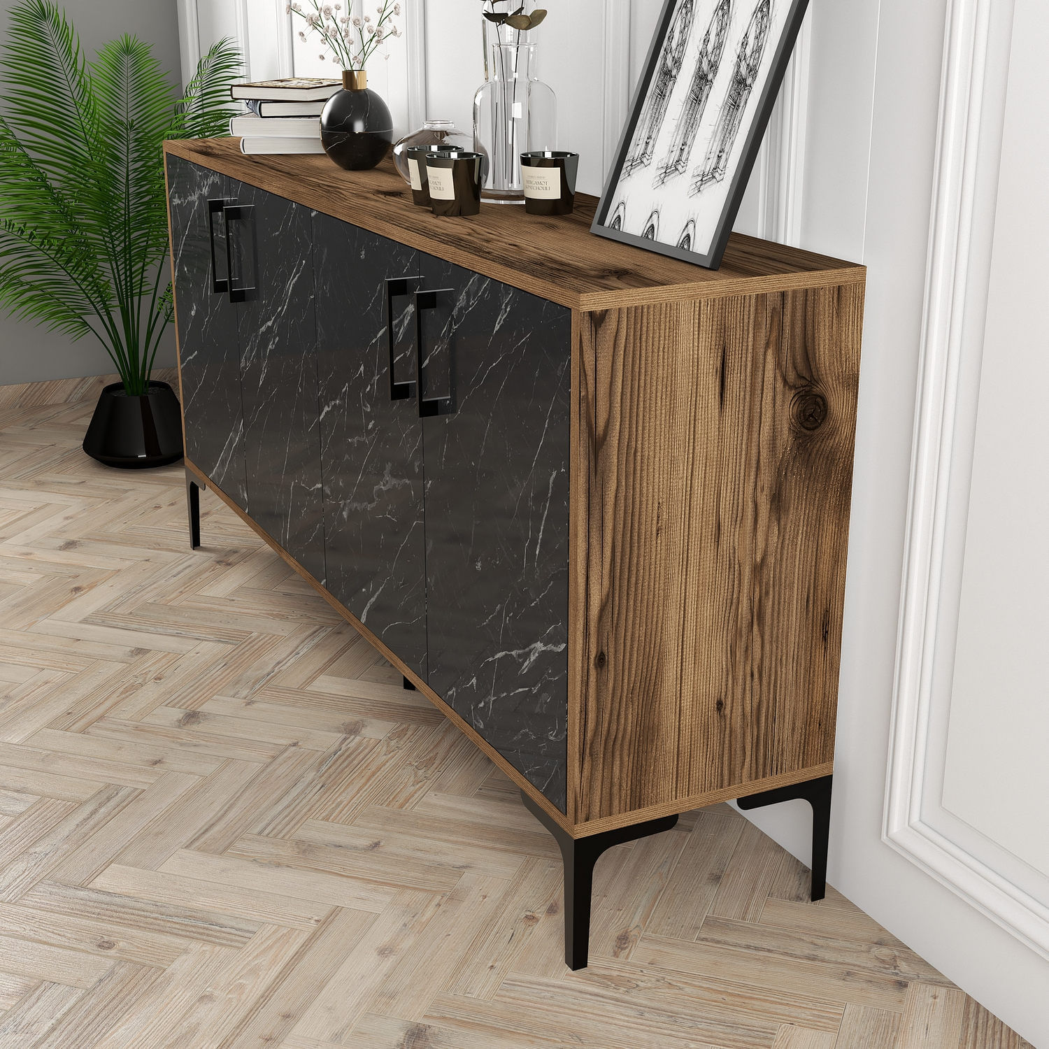 Consola, Hanah Home, pal melaminat, nuc si marmura neagra, 160x35x78 cm — imaginea 2