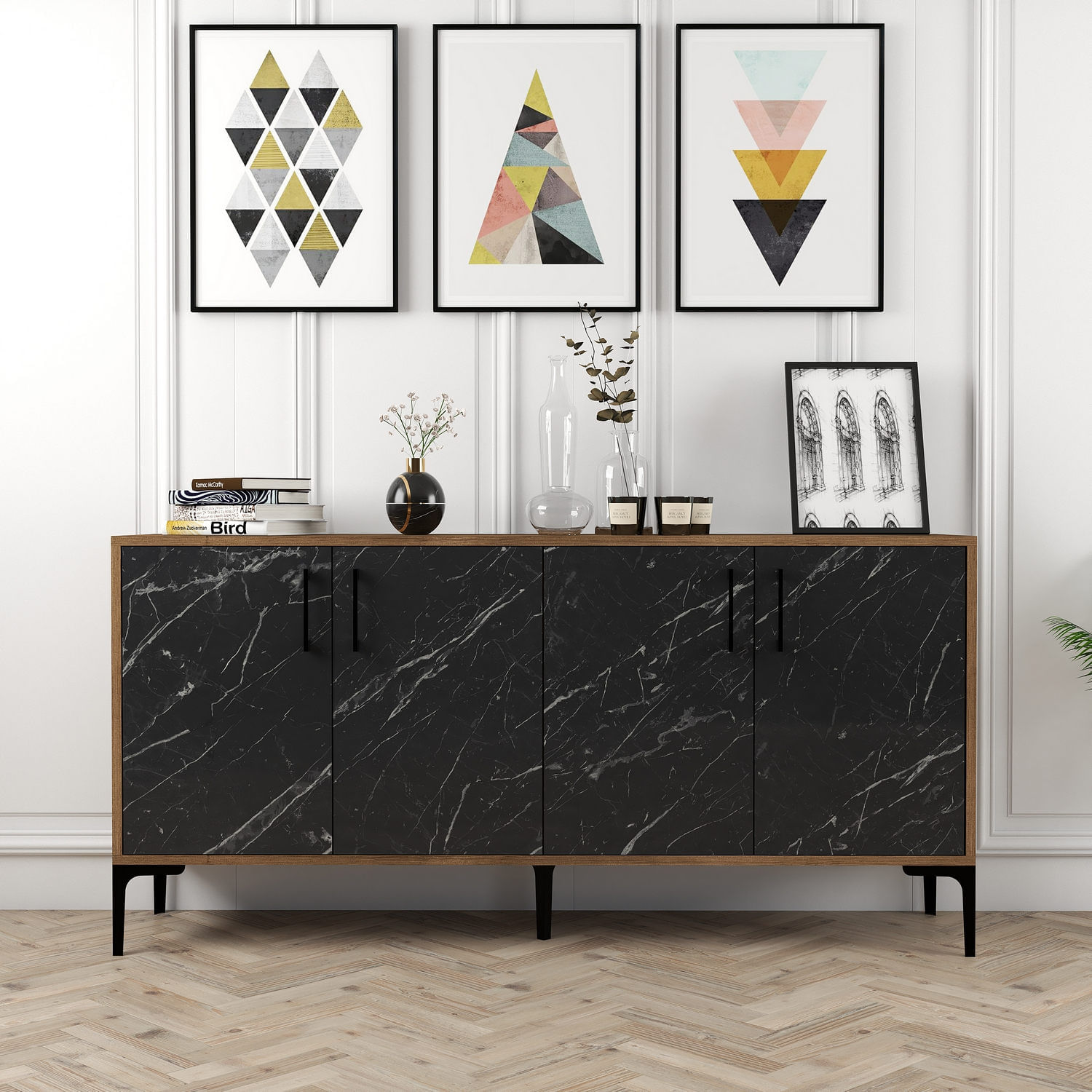Consola, Hanah Home, pal melaminat, nuc si marmura neagra, 160x35x78 cm — imaginea 3