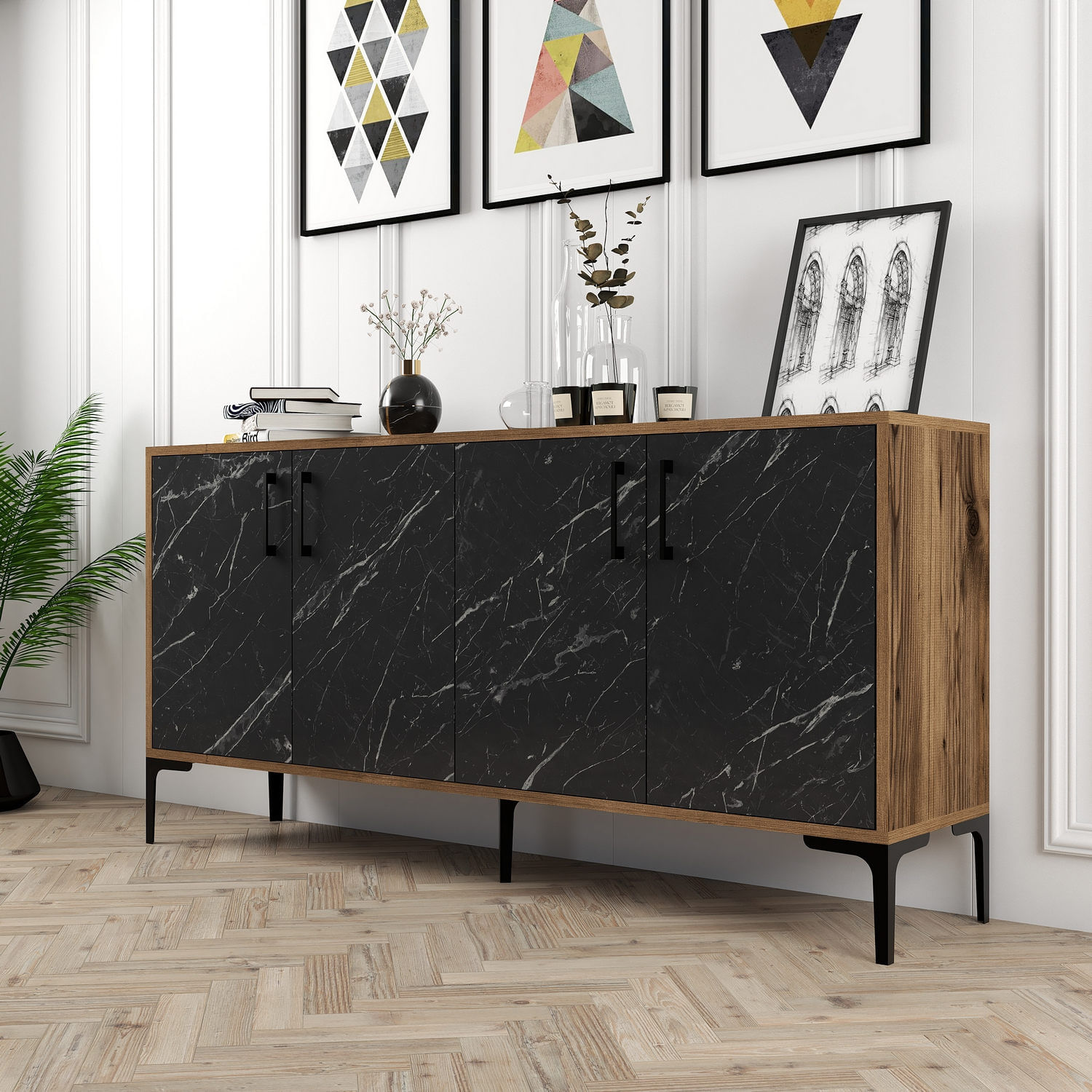 Consola, Hanah Home, pal melaminat, nuc si marmura neagra, 160x35x78 cm — imaginea 4