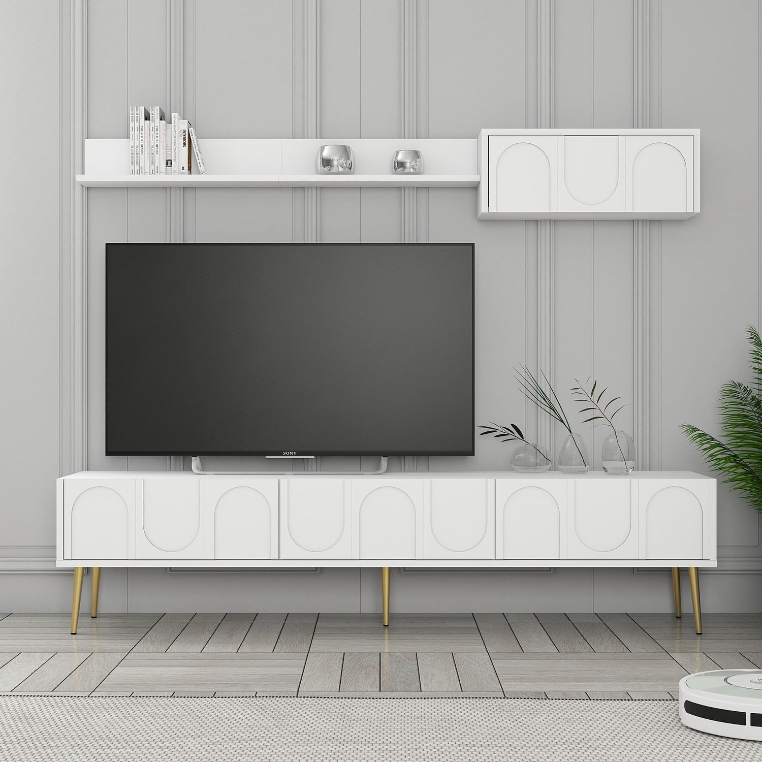 Comoda tv, Hanah Home, pal melaminat, alb auriu, 180x43x35 cm, 845HCT5580 — imaginea 2
