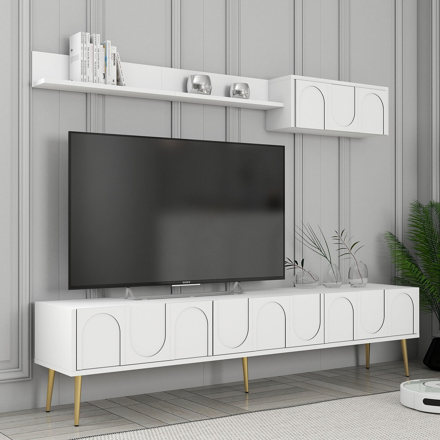 Comoda tv, Hanah Home, pal melaminat, alb auriu, 180x43x35 cm, 845HCT5580 — imaginea 3