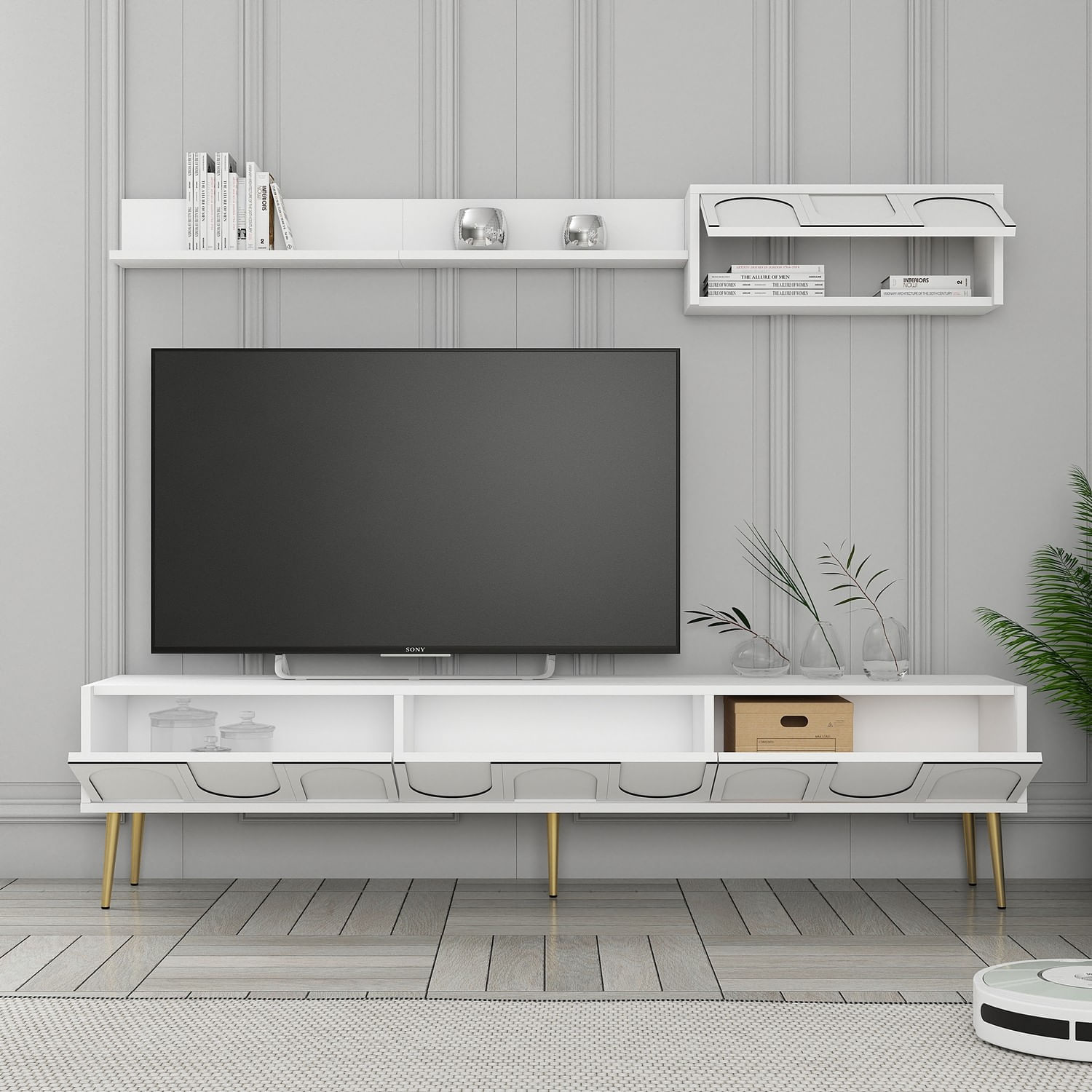 Comoda tv, Hanah Home, pal melaminat, alb auriu, 180x43x35 cm, 845HCT5580 — imaginea 4
