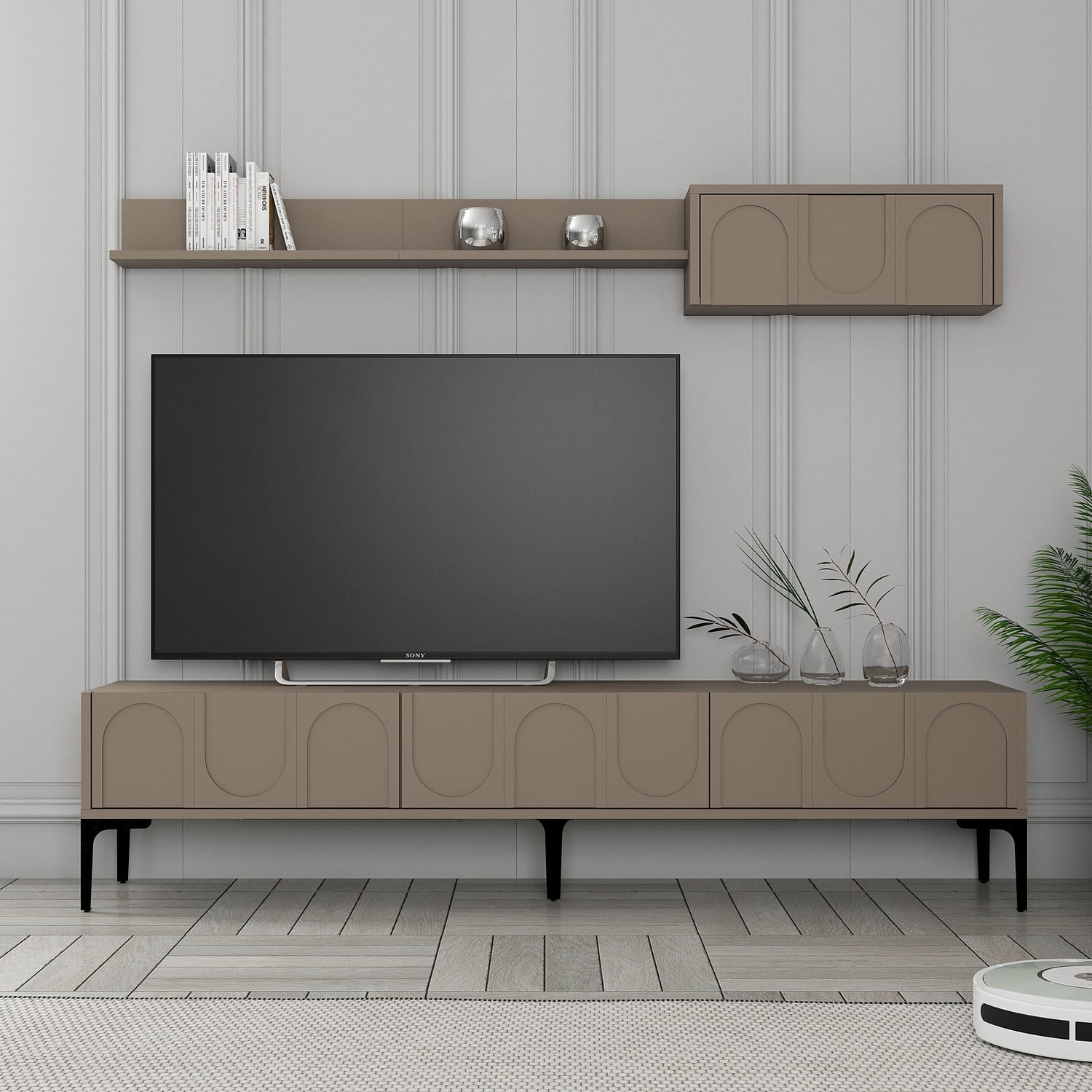 Comoda tv, Hanah Home, pal melaminat, atlas si negru, 180x42x35 cm — imaginea 2
