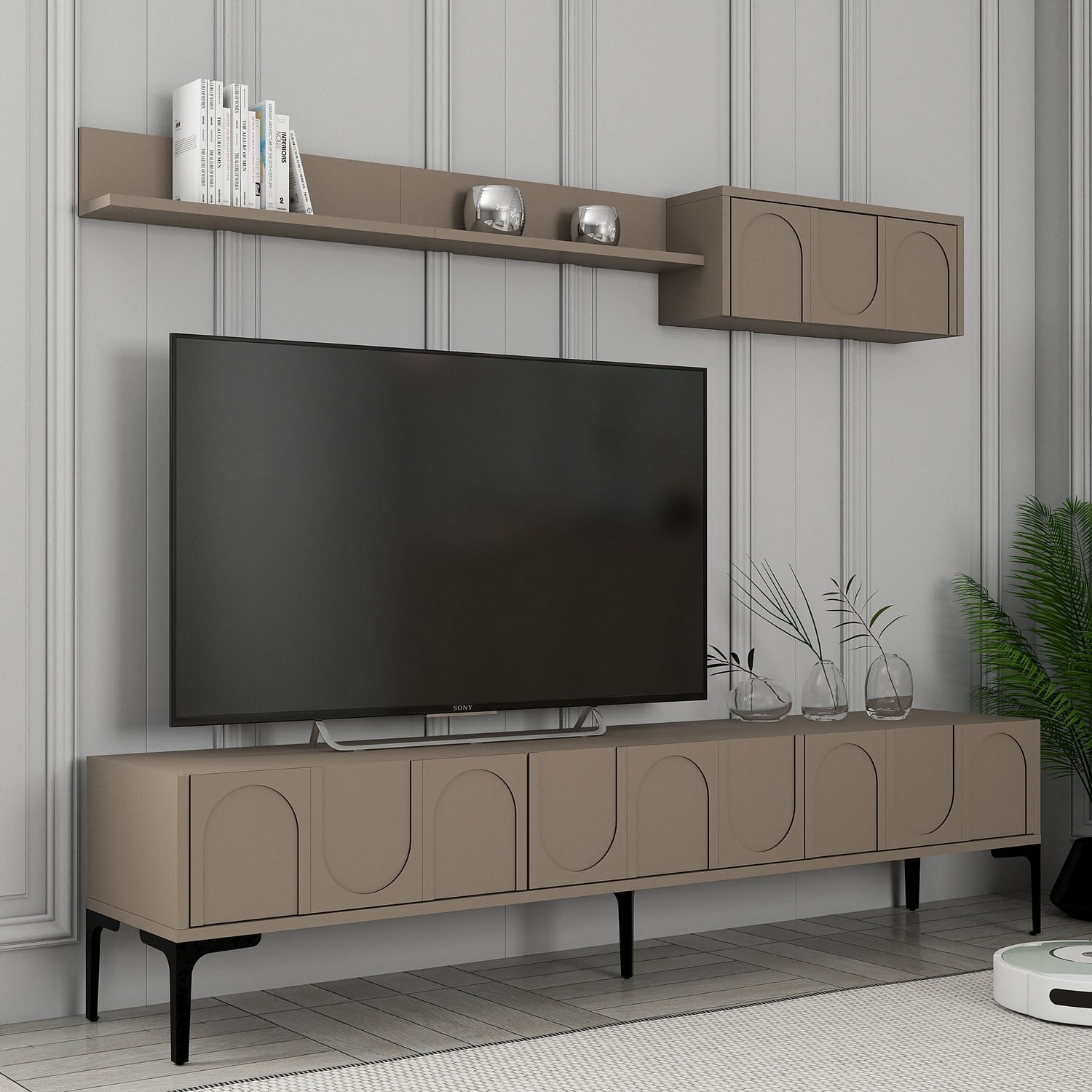 Comoda tv, Hanah Home, pal melaminat, atlas si negru, 180x42x35 cm — imaginea 3
