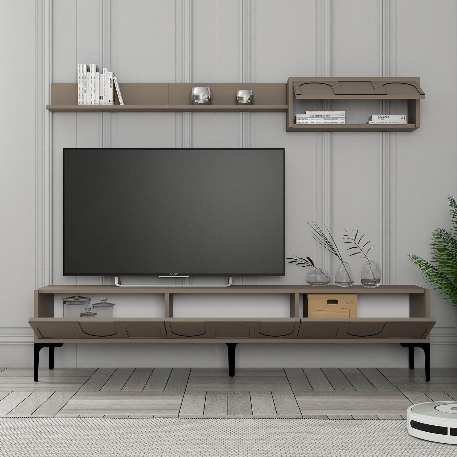 Comoda tv, Hanah Home, pal melaminat, atlas si negru, 180x42x35 cm — imaginea 4