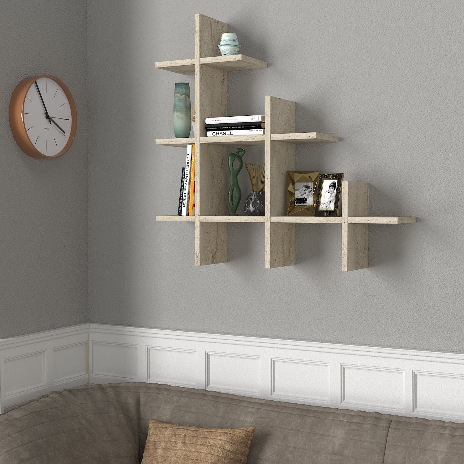 Raft de perete, Hanah Home, pal melaminat, travertin, 81.8x80x18 cm — imaginea 4
