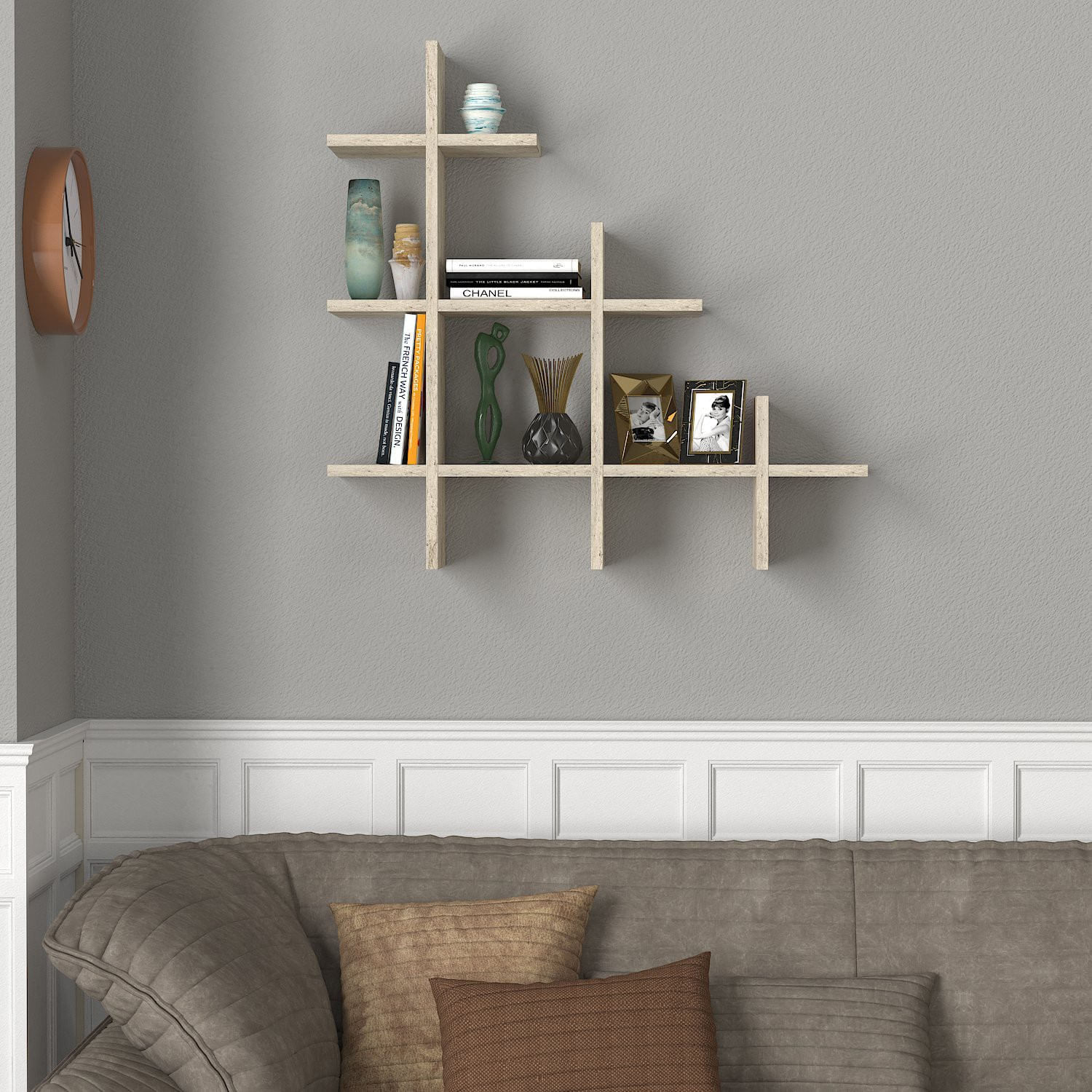 Raft de perete, Hanah Home, pal melaminat, travertin, 81.8x80x18 cm — imaginea 7