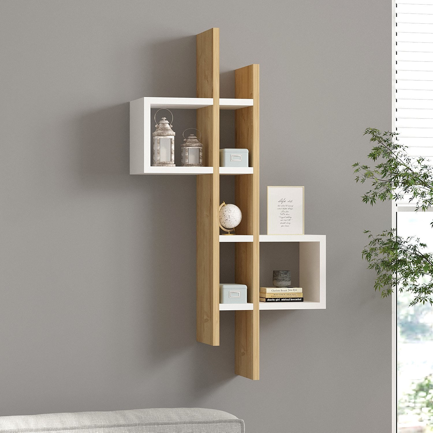 Raft de perete, Hanah Home, pal melaminat, stejar safir si alb, 53.8x19.6x108 cm — imaginea 3