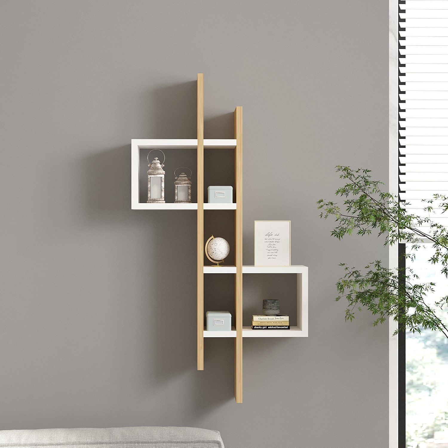 Raft de perete, Hanah Home, pal melaminat, stejar safir si alb, 53.8x19.6x108 cm — imaginea 4