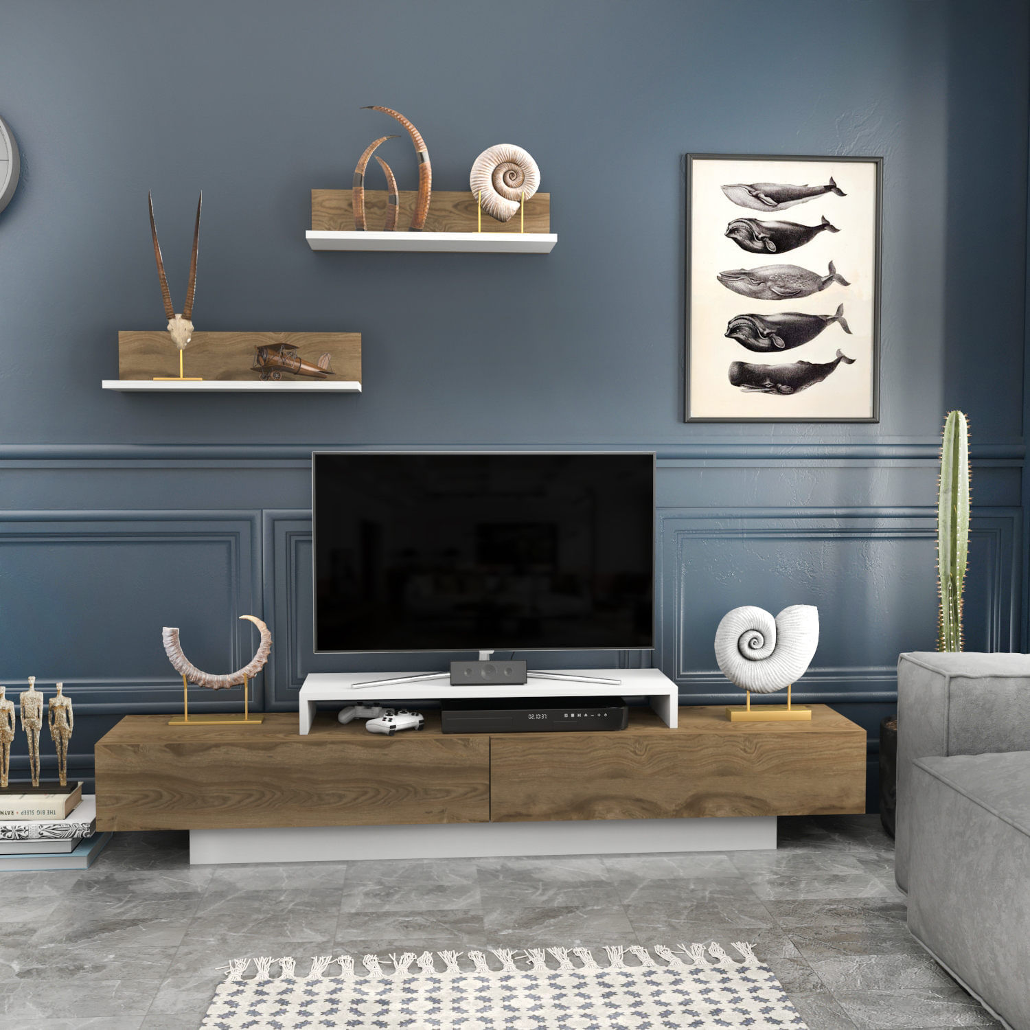 Comoda tv, Hanah Home, pal melaminat, alb si stejar oud, 180x31x40 cm — imaginea 2