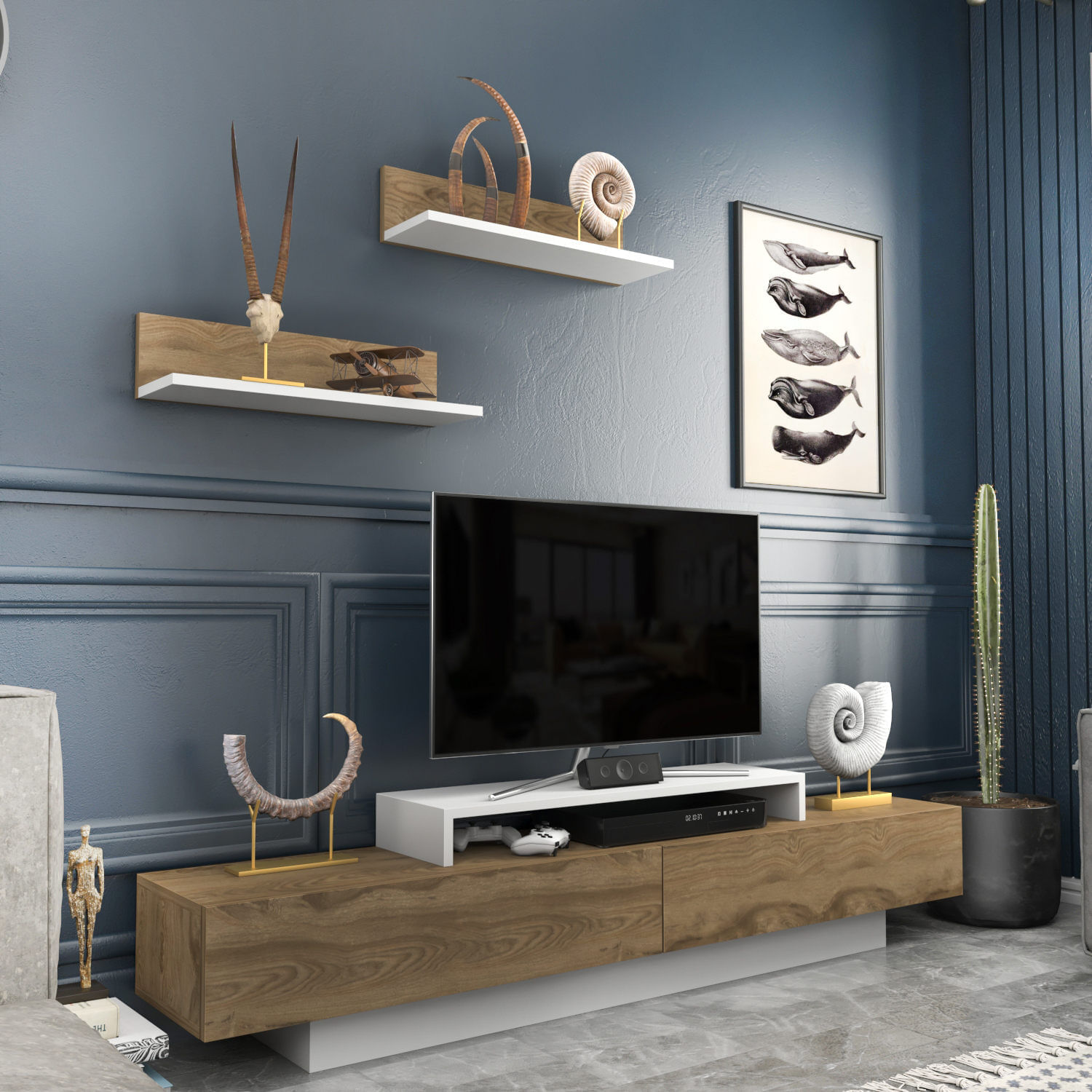 Comoda tv, Hanah Home, pal melaminat, alb si stejar oud, 180x31x40 cm — imaginea 3