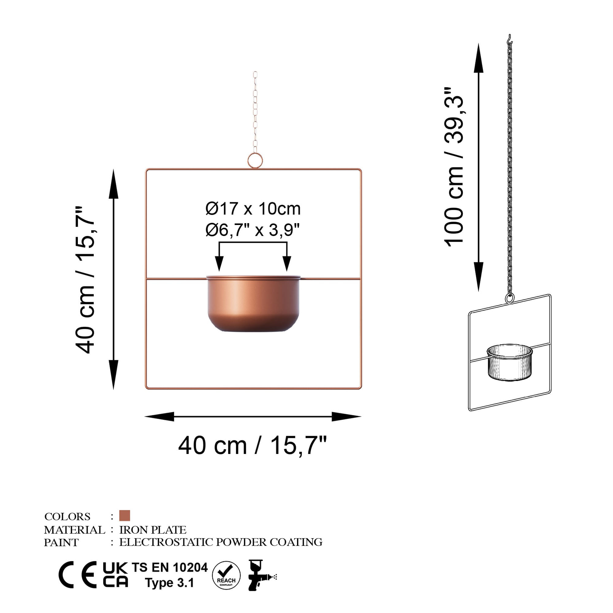 Ghiveci decorativ suspendat, Aberto Design, metal, cupru, 40x40x17 cm — imaginea 6