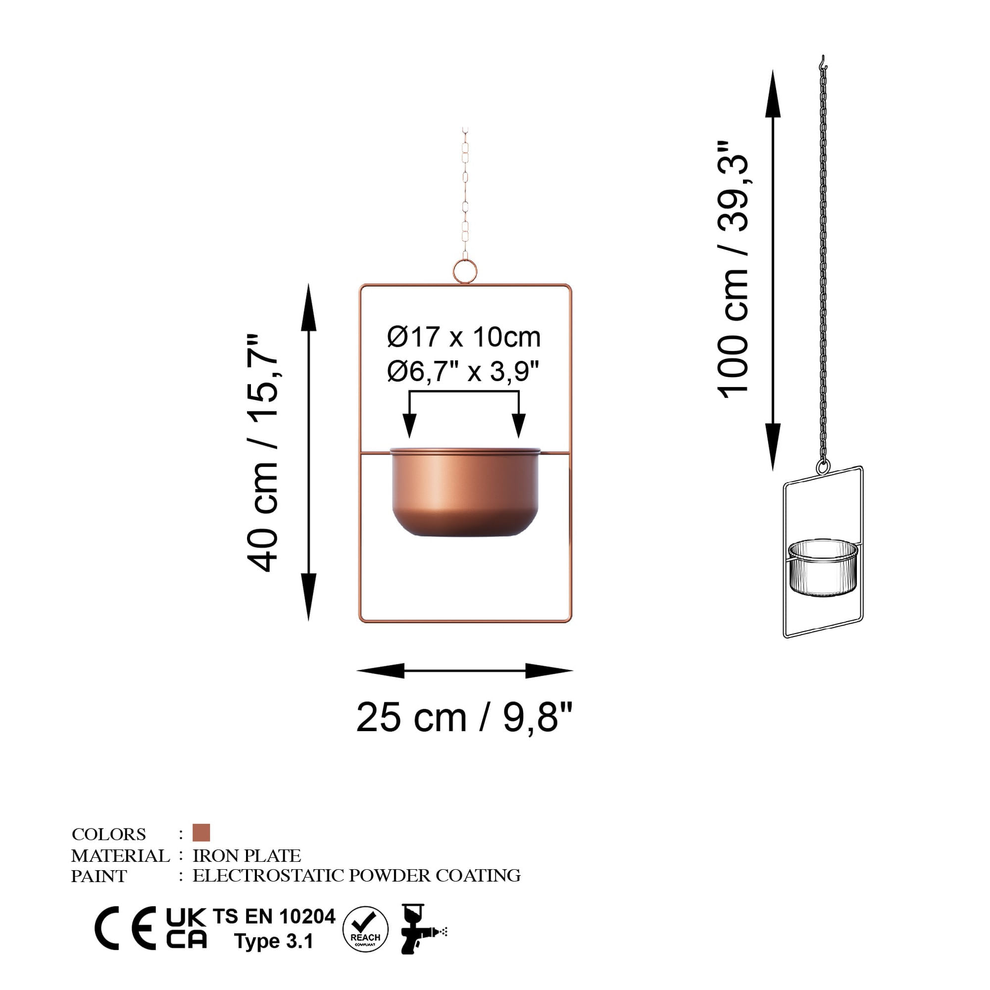 Ghiveci decorativ suspendat, Aberto Design, metal, cupru, 25x17x40 cm — imaginea 6