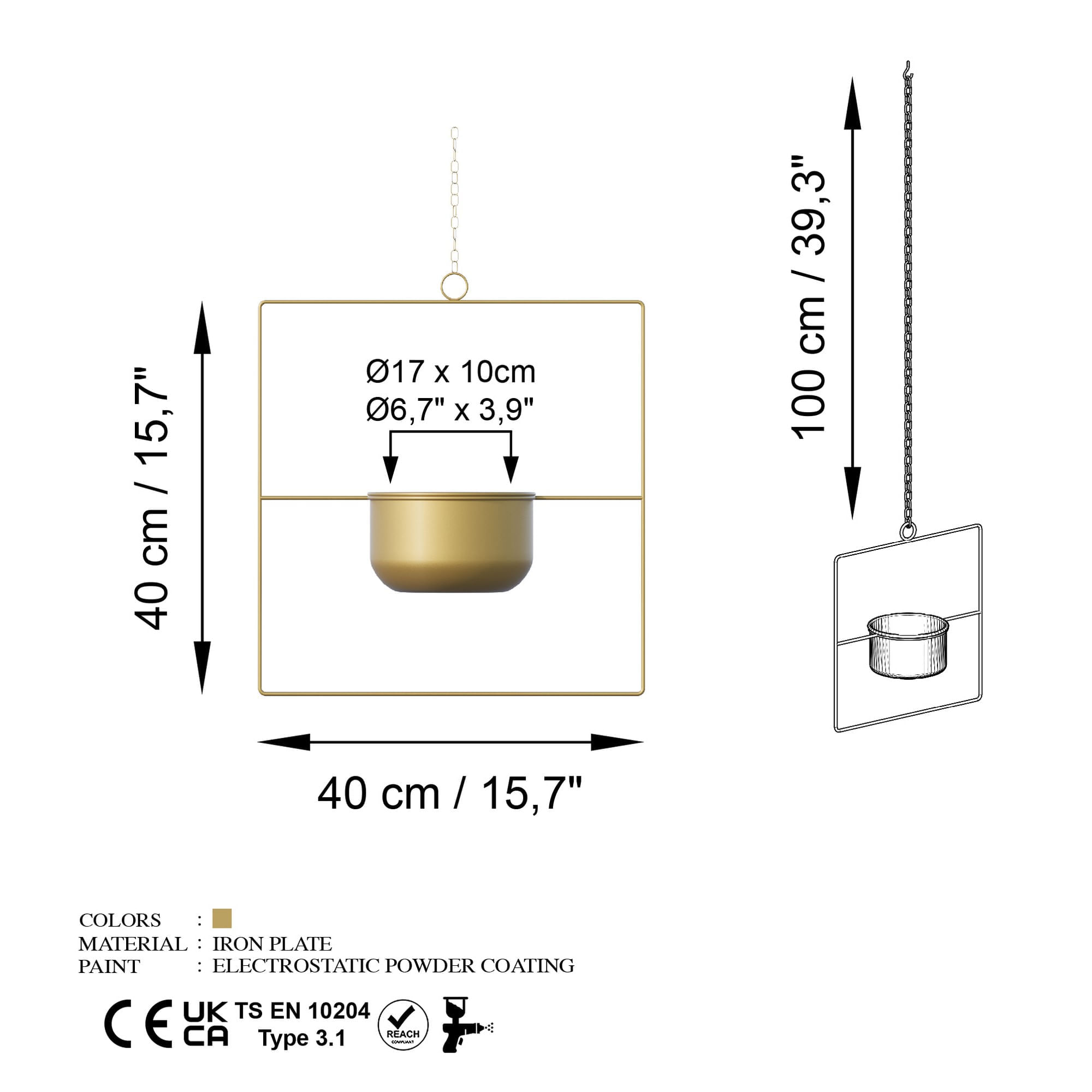 Ghiveci decorativ suspendat, Aberto Design, metal, auriu, 40x40x17 cm, 247HFM1210 — imaginea 6