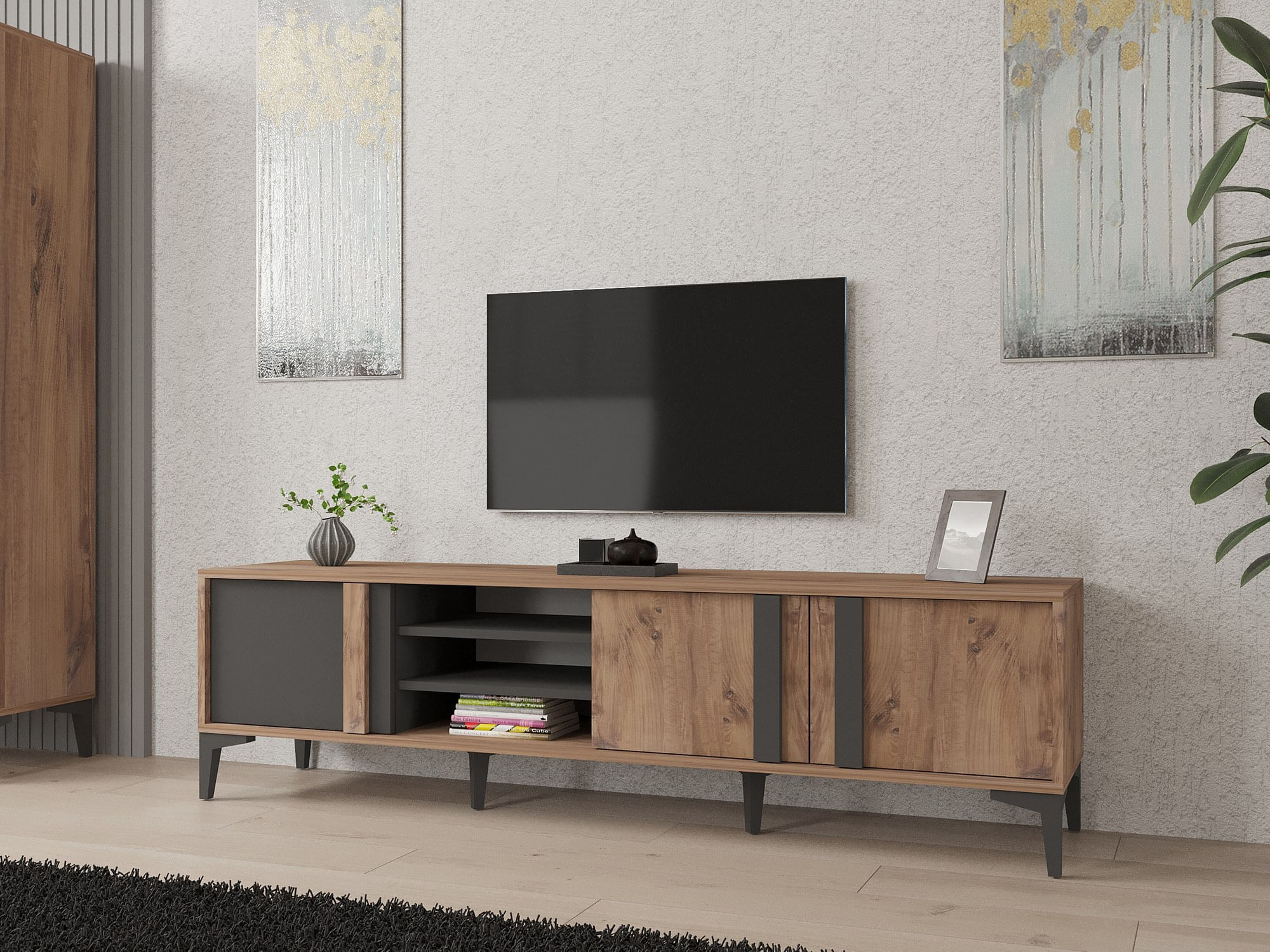 Comoda tv, Hanah Home, pal melaminat, atlantic antracit, 180x50x40 cm — imaginea 2