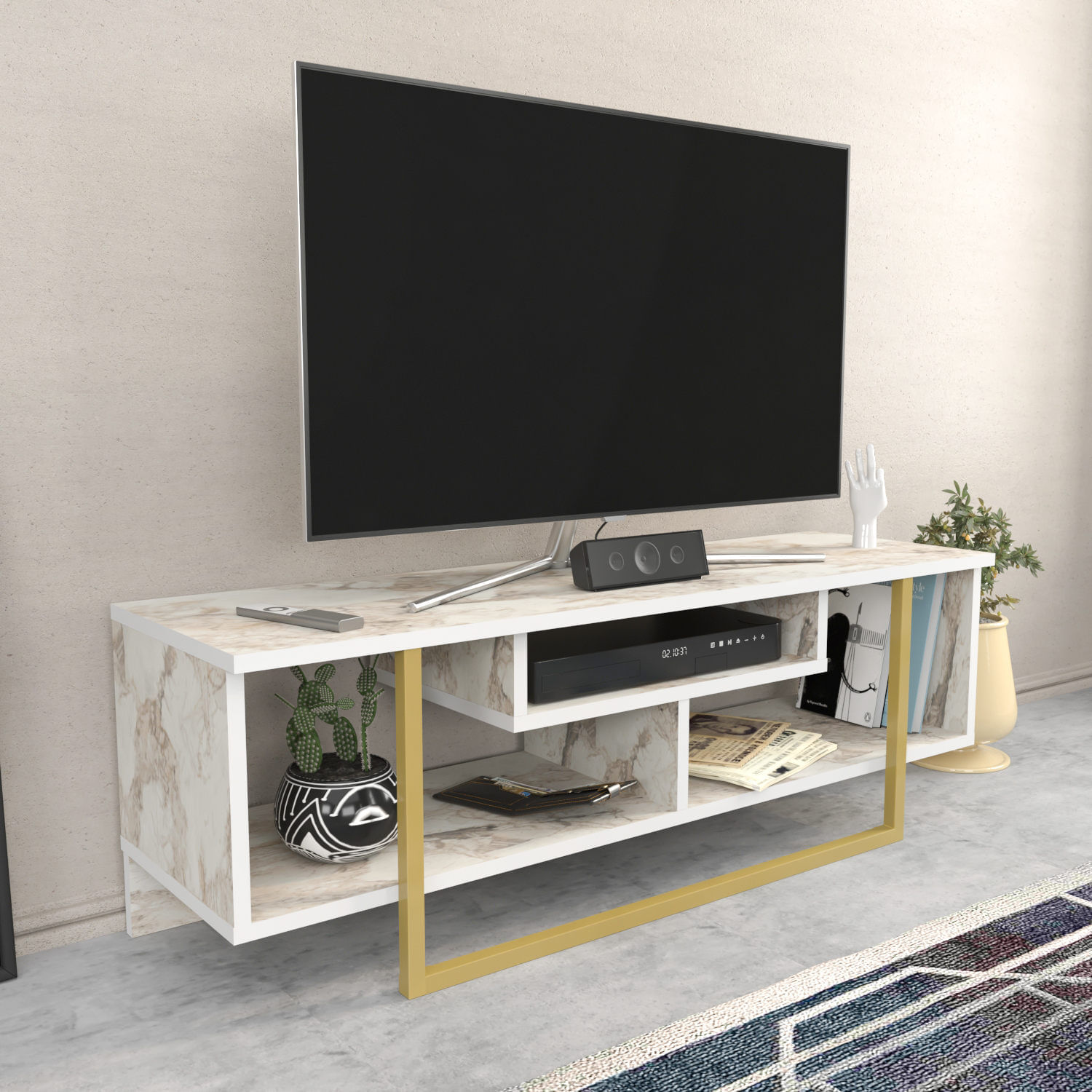Comoda tv, Hanah Home, pal melaminat, alb auriu, 120x35.2x40.2 cm — imaginea 2