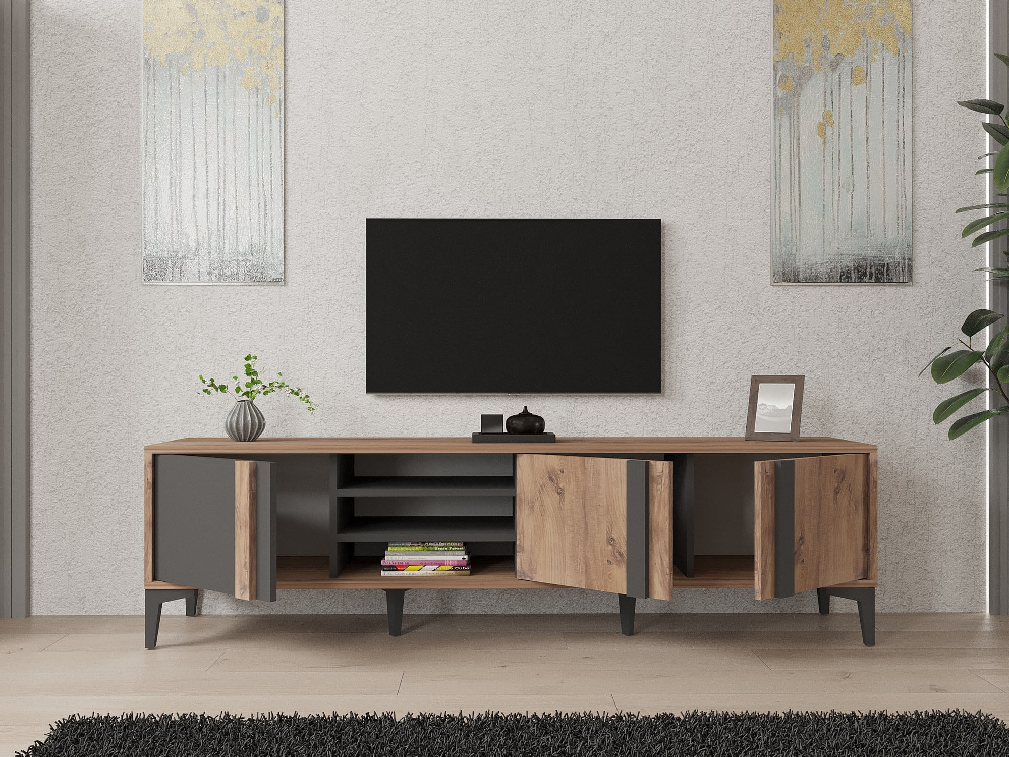 Comoda tv, Hanah Home, pal melaminat, atlantic antracit, 180x50x40 cm — imaginea 4