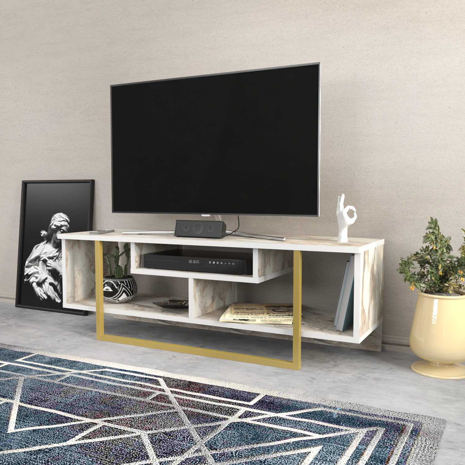 Comoda tv, Hanah Home, pal melaminat, alb auriu, 120x35.2x40.2 cm — imaginea 4