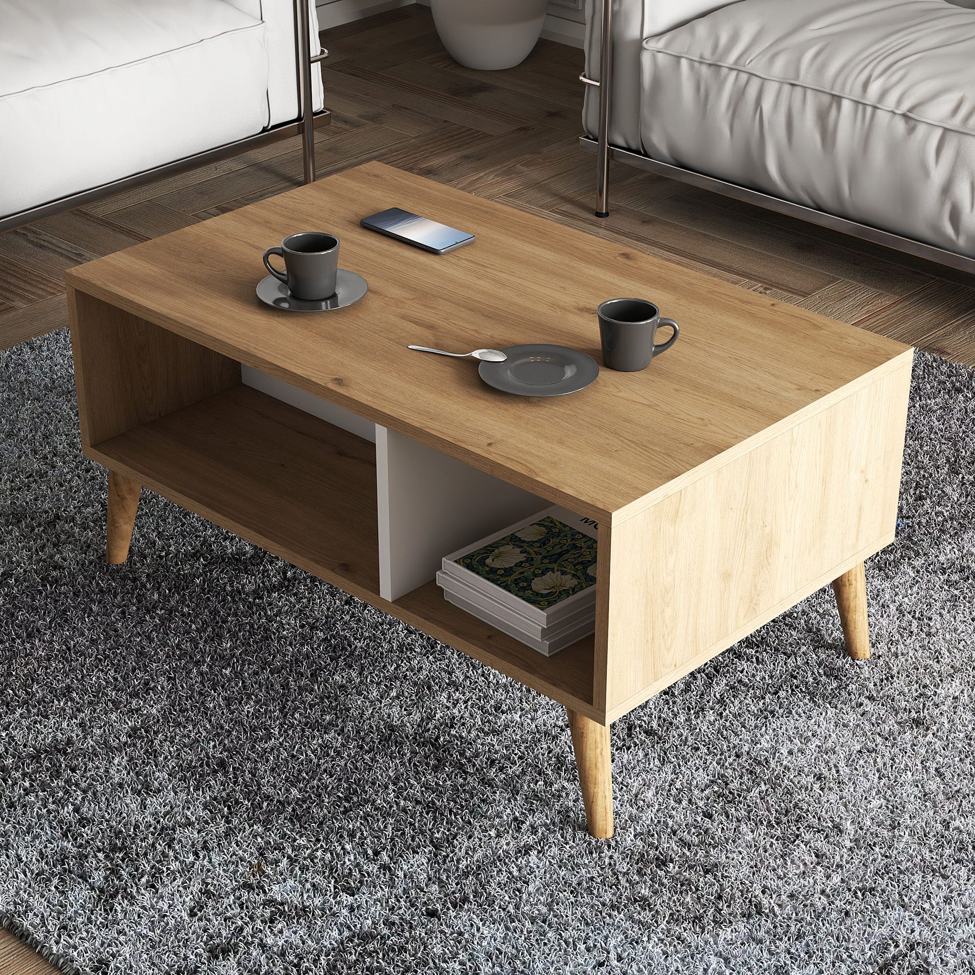 Masuta de cafea, Hanah Home, pal melaminat, stejar si alb, 90x54x41.6 cm — imaginea 3