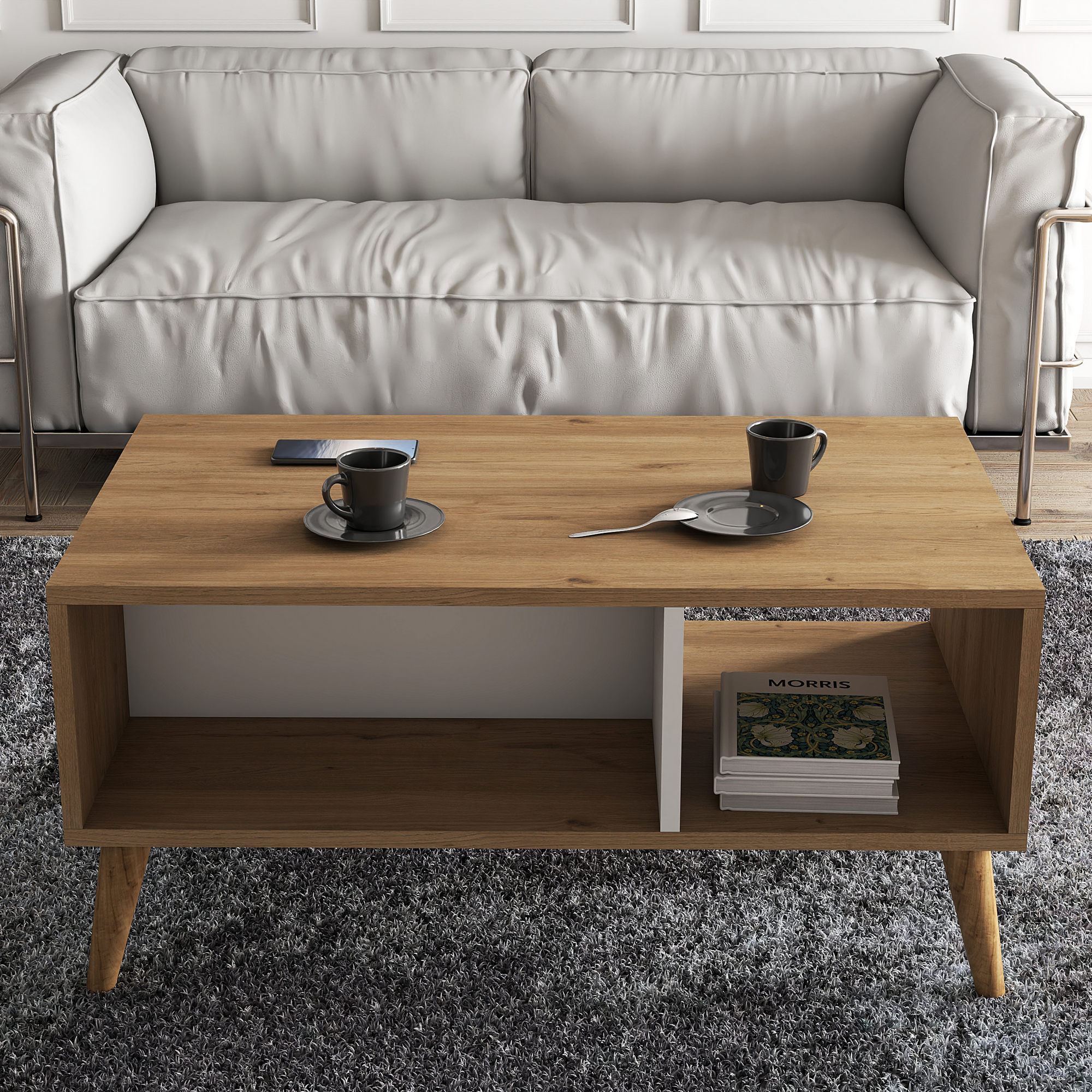 Masuta de cafea, Hanah Home, pal melaminat, stejar si alb, 90x54x41.6 cm — imaginea 4