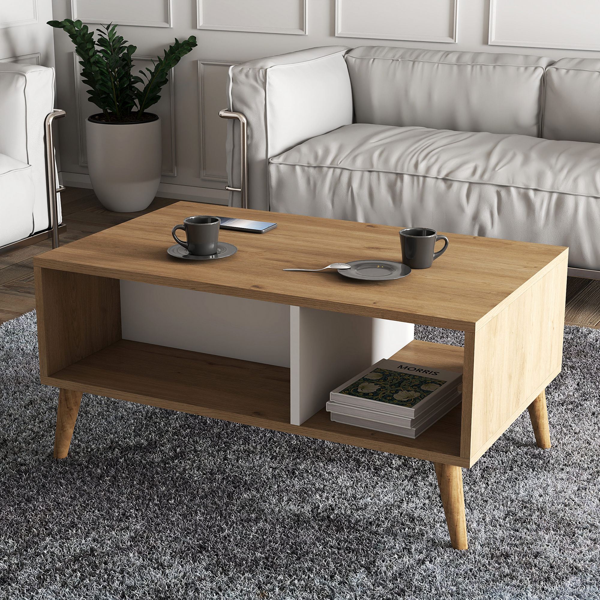 Masuta de cafea, Hanah Home, pal melaminat, stejar si alb, 90x54x41.6 cm — imaginea 5