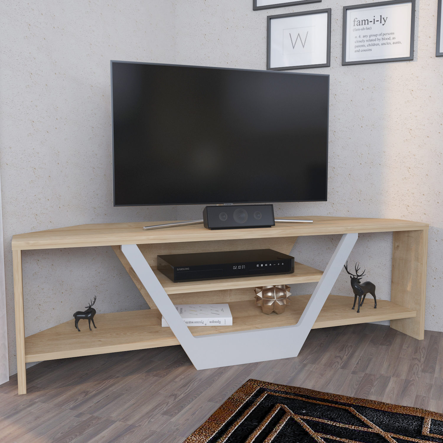 Comoda tv, Hanah Home, pal melaminat, alb si stejar, 120x35x36.8 cm — imaginea 3