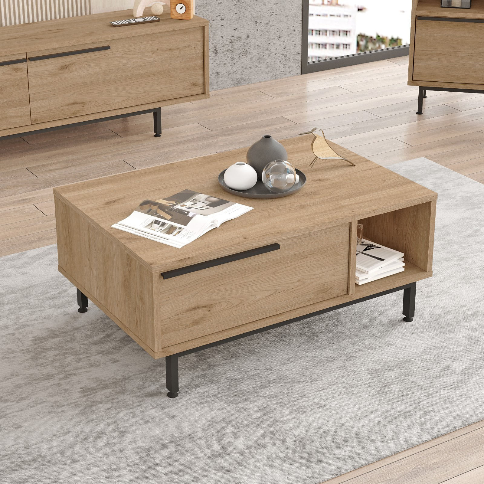 Masuta de cafea, Hanah Home, pal melaminat, nuc, 90x60x37.6 cm — imaginea 3