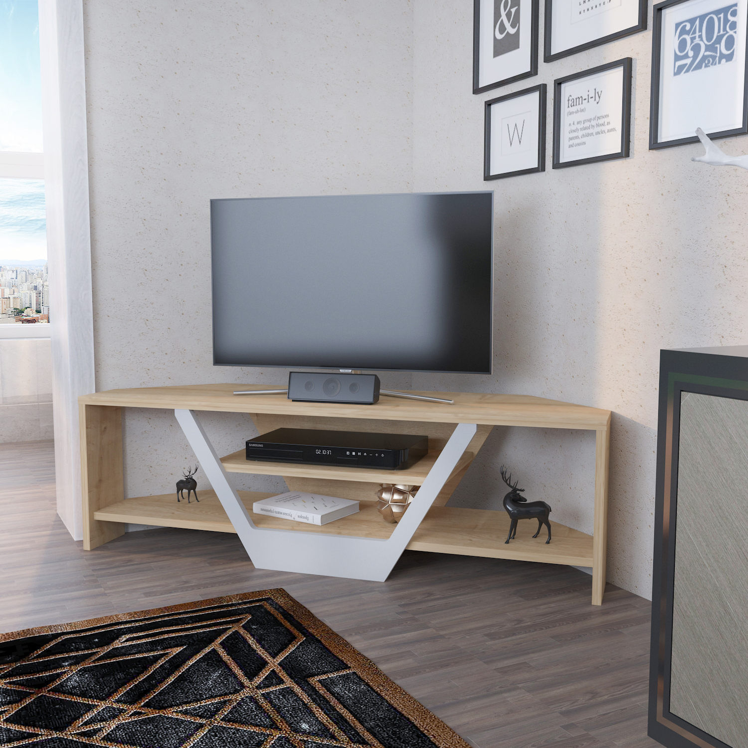 Comoda tv, Hanah Home, pal melaminat, alb si stejar, 120x35x36.8 cm — imaginea 4