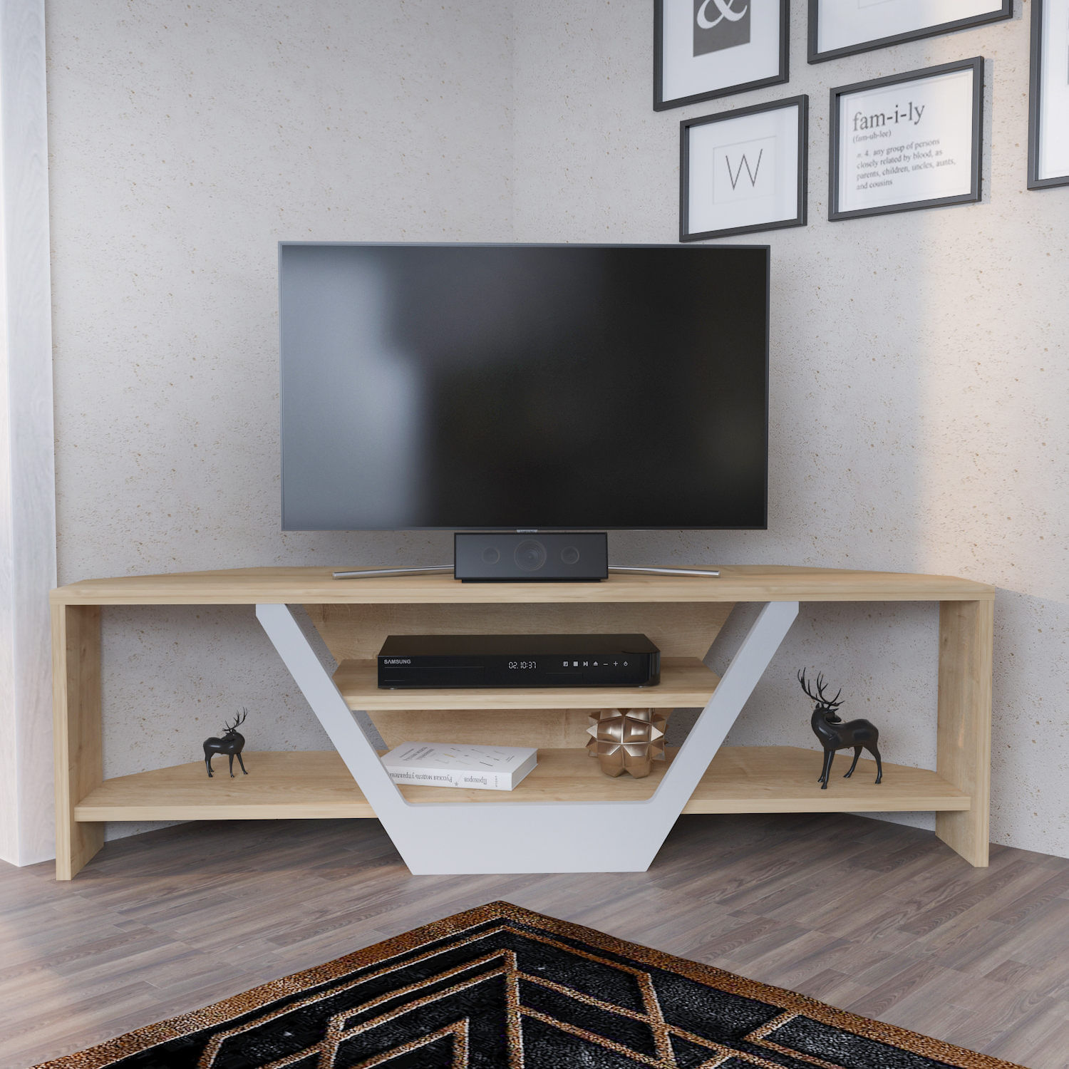 Comoda tv, Hanah Home, pal melaminat, alb si stejar, 120x35x36.8 cm — imaginea 6