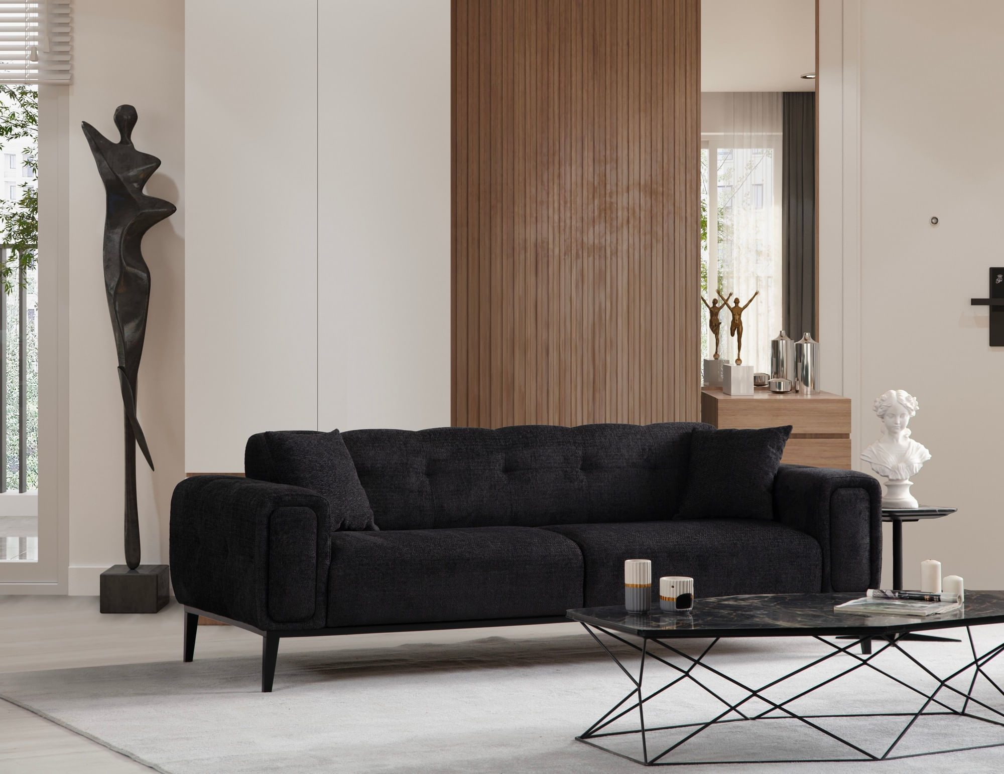 Canapea extensibila 3 locuri, Hanah Home, lemn fag si PAL, negru, 225x92x76 cm — imaginea 6
