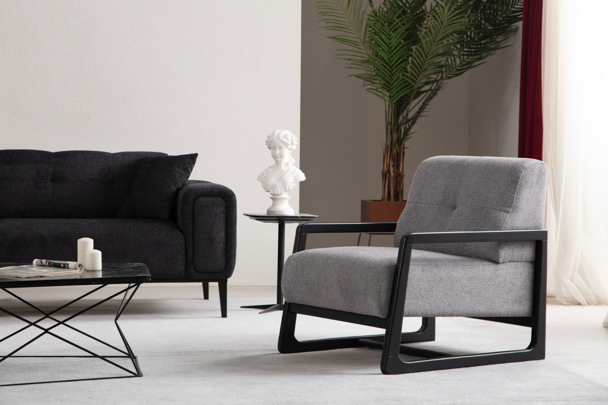 Canapea extensibila 3 locuri, Hanah Home, lemn fag si PAL, negru, 225x92x76 cm — imaginea 8