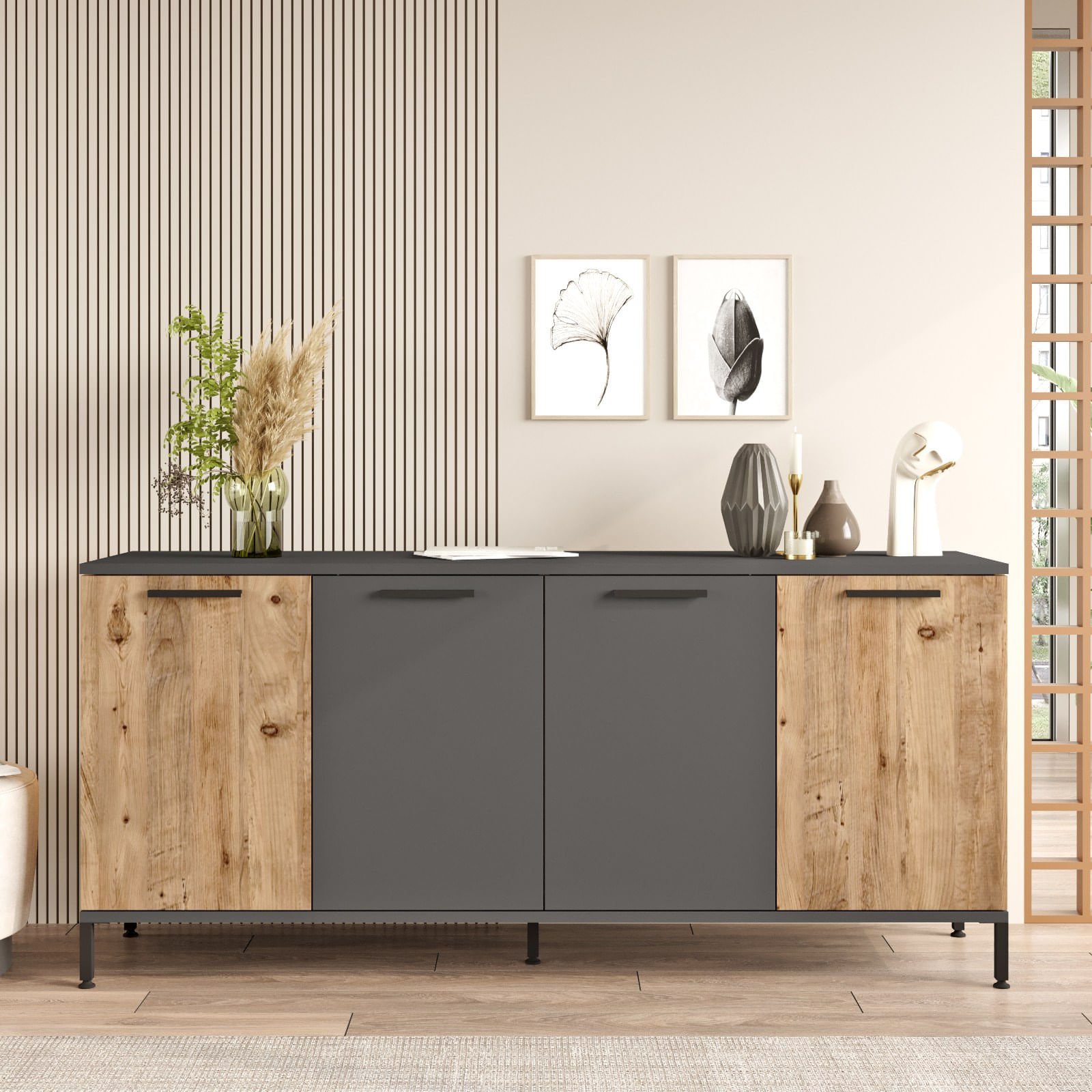 Consola, Hanah Home, panou aglomerat melaminat, pin atlantic si antracit, 160x40x71.8 cm — imaginea 2