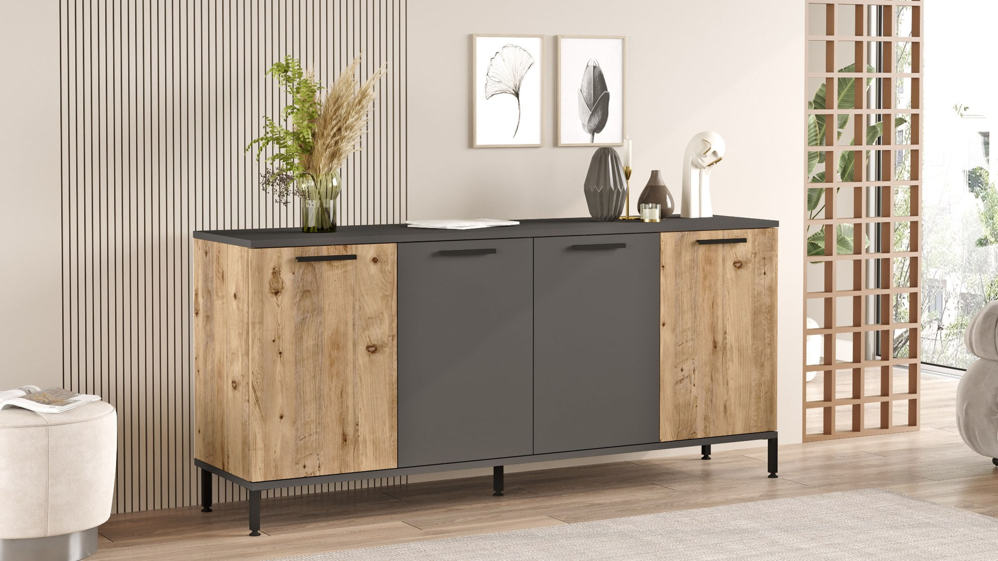 Consola, Hanah Home, panou aglomerat melaminat, pin atlantic si antracit, 160x40x71.8 cm — imaginea 3