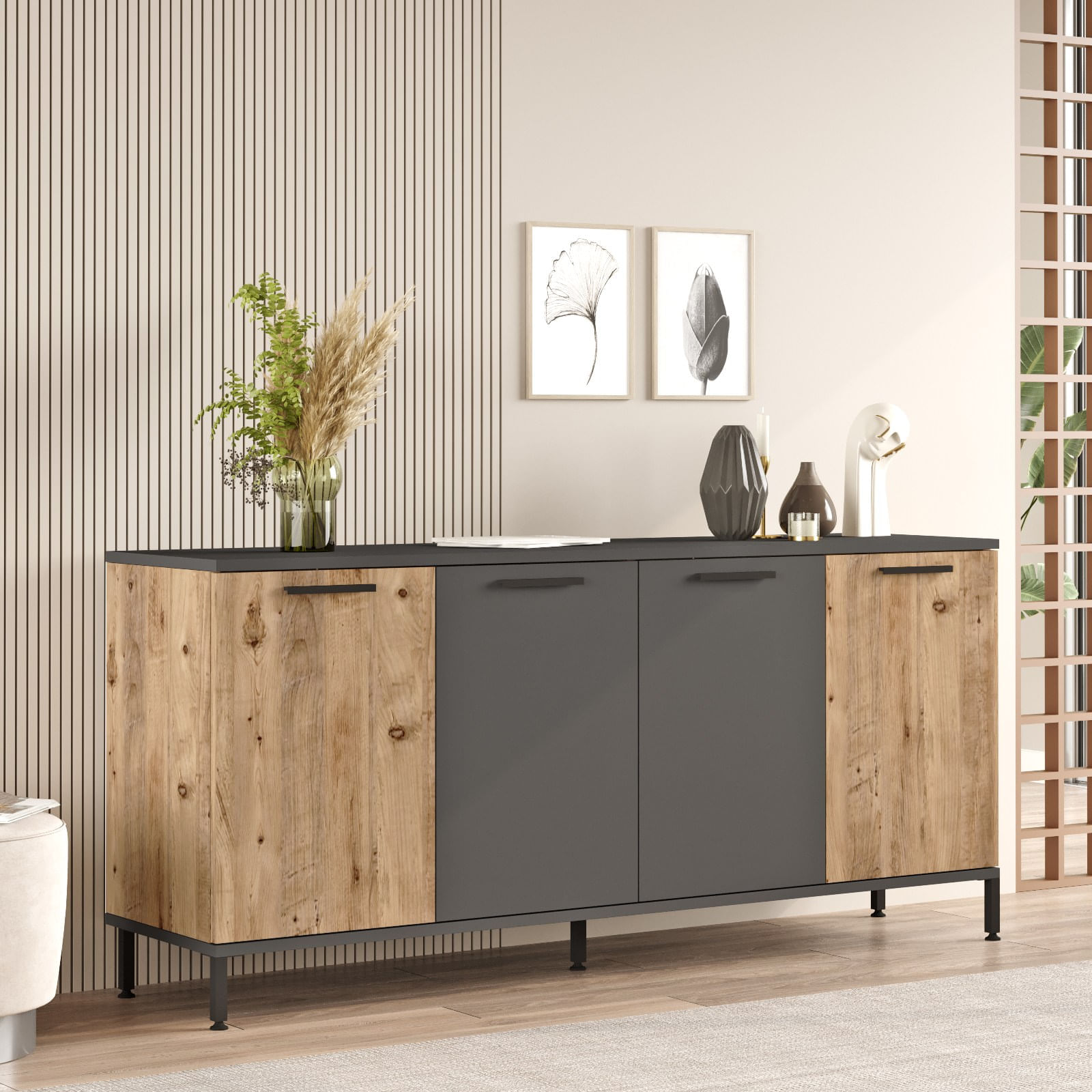 Consola, Hanah Home, panou aglomerat melaminat, pin atlantic si antracit, 160x40x71.8 cm — imaginea 4