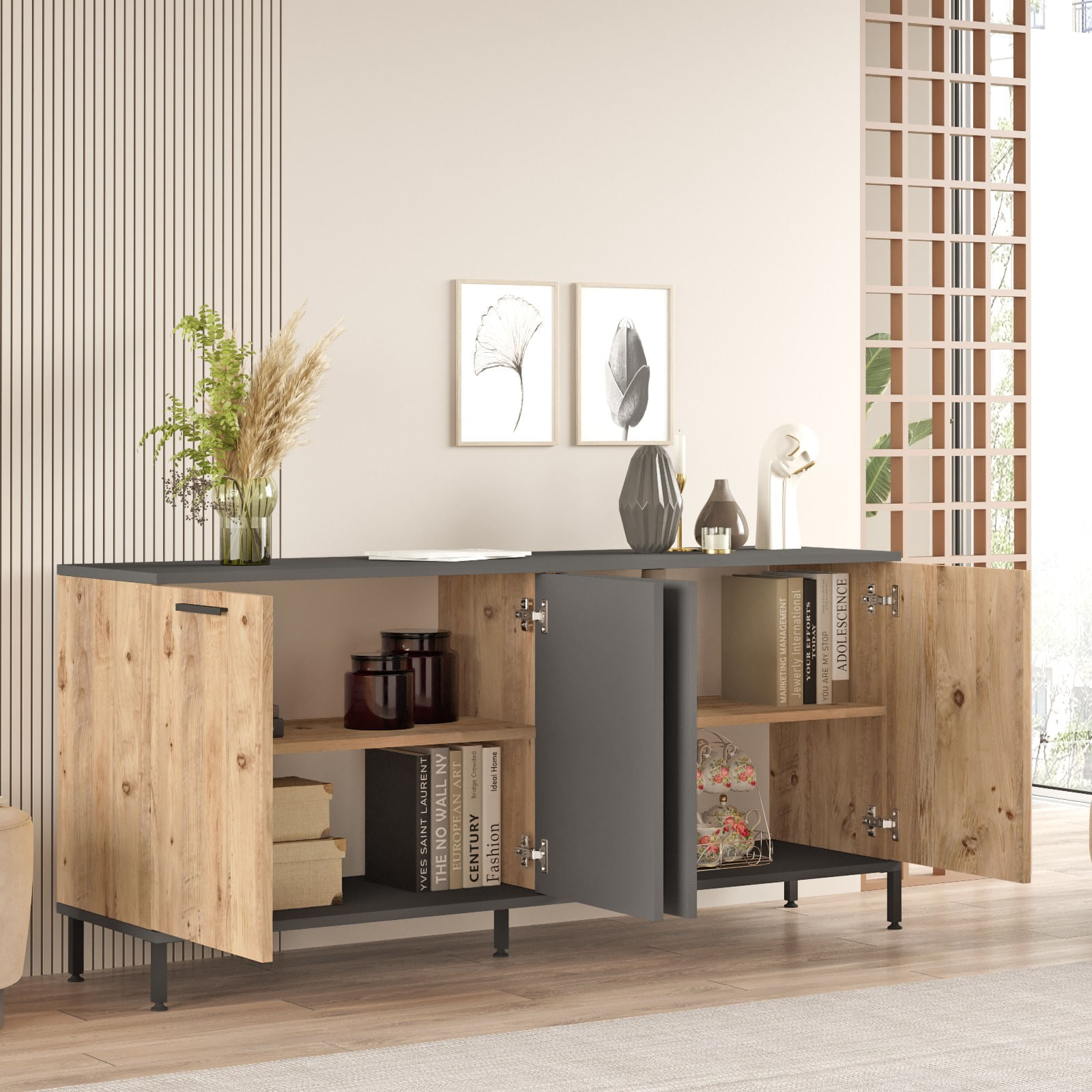 Consola, Hanah Home, panou aglomerat melaminat, pin atlantic si antracit, 160x40x71.8 cm — imaginea 5