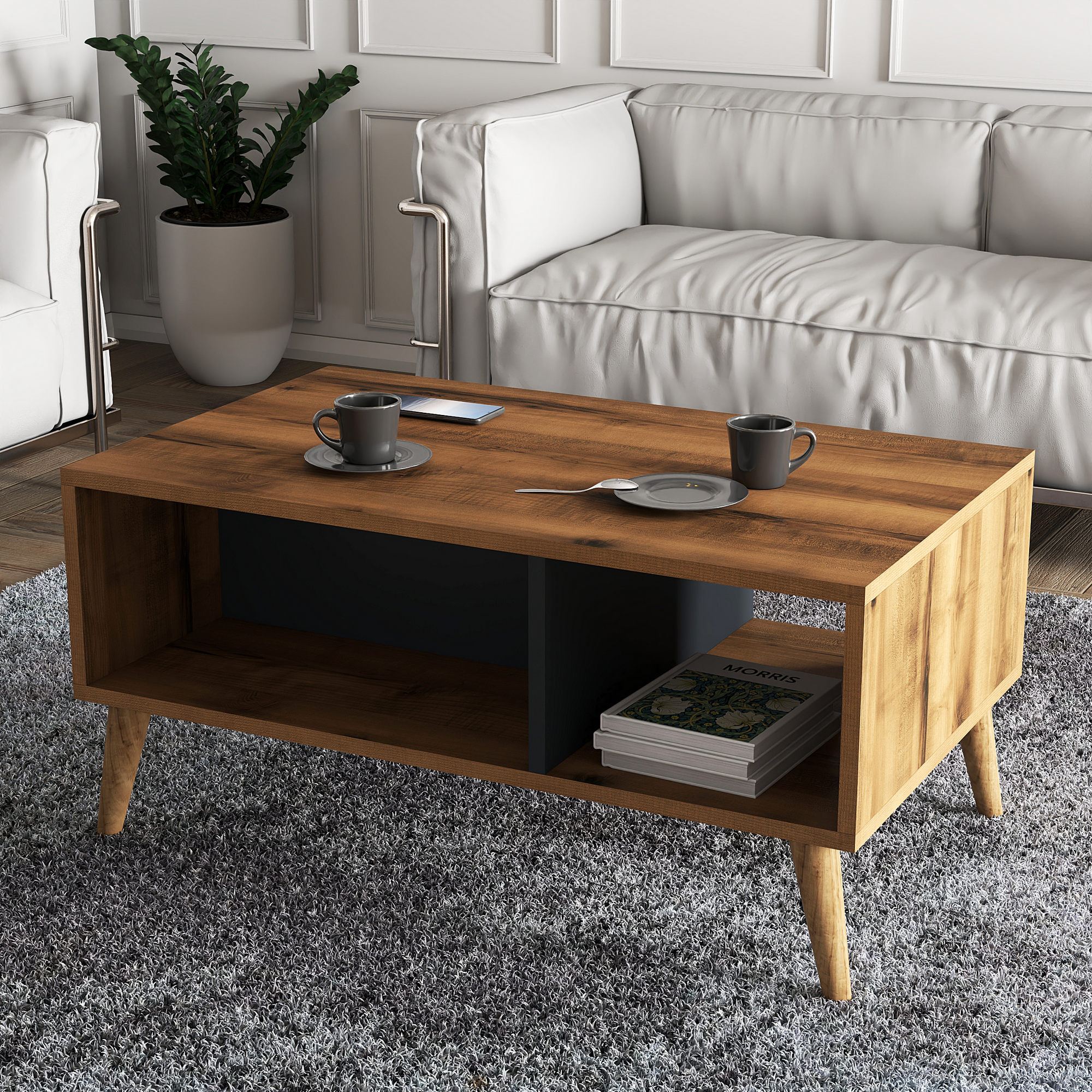 Masuta de cafea, Hanah Home, pal melaminat, nuc si antracit, 90x54x41,6 cm — imaginea 3