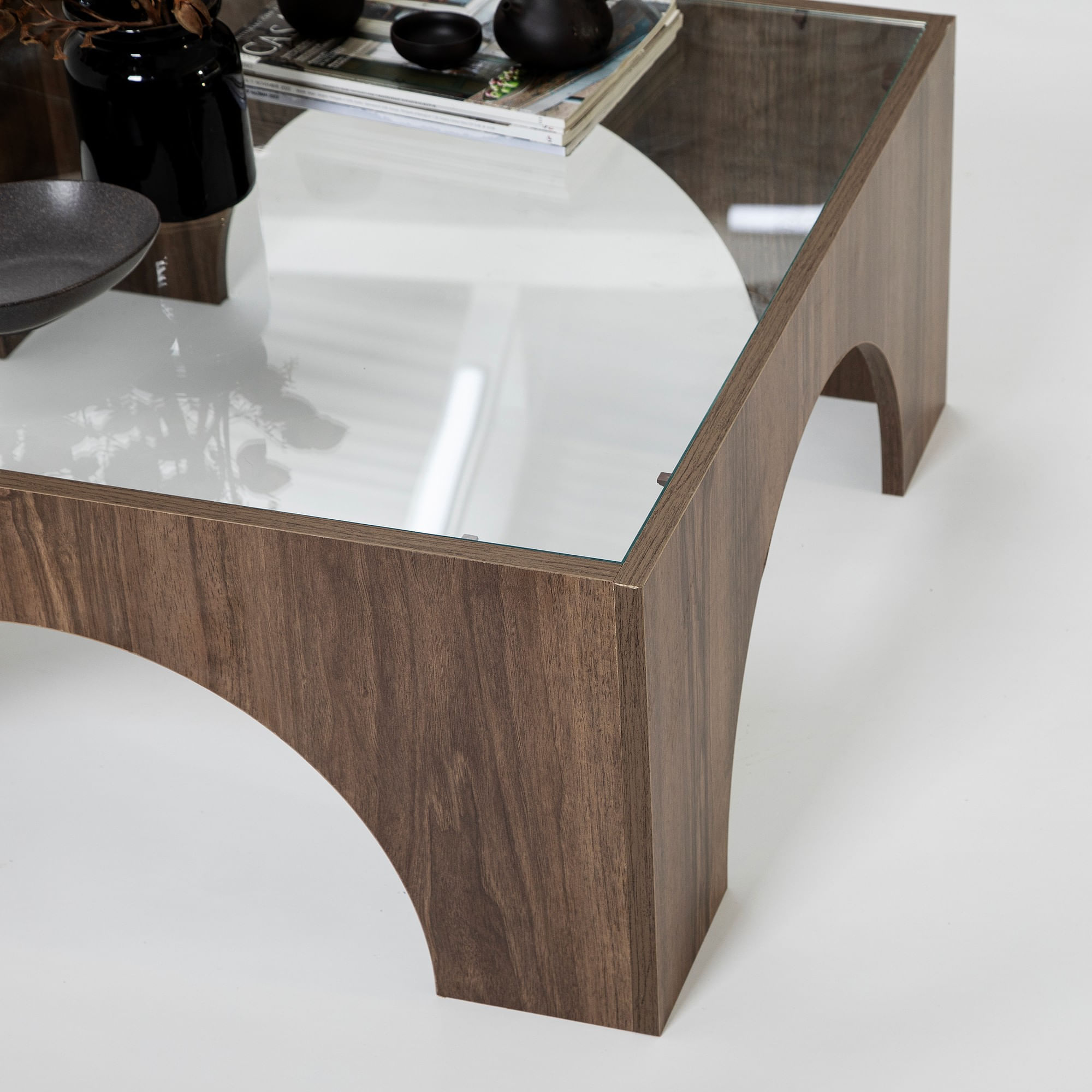 Masuta de cafea, Hanah Home, sticla securizata, nuc, transparent, 80x80x35 cm — imaginea 2