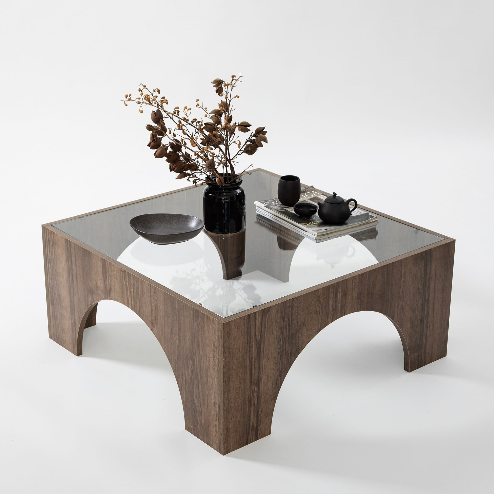 Masuta de cafea, Hanah Home, sticla securizata, nuc, transparent, 80x80x35 cm — imaginea 3