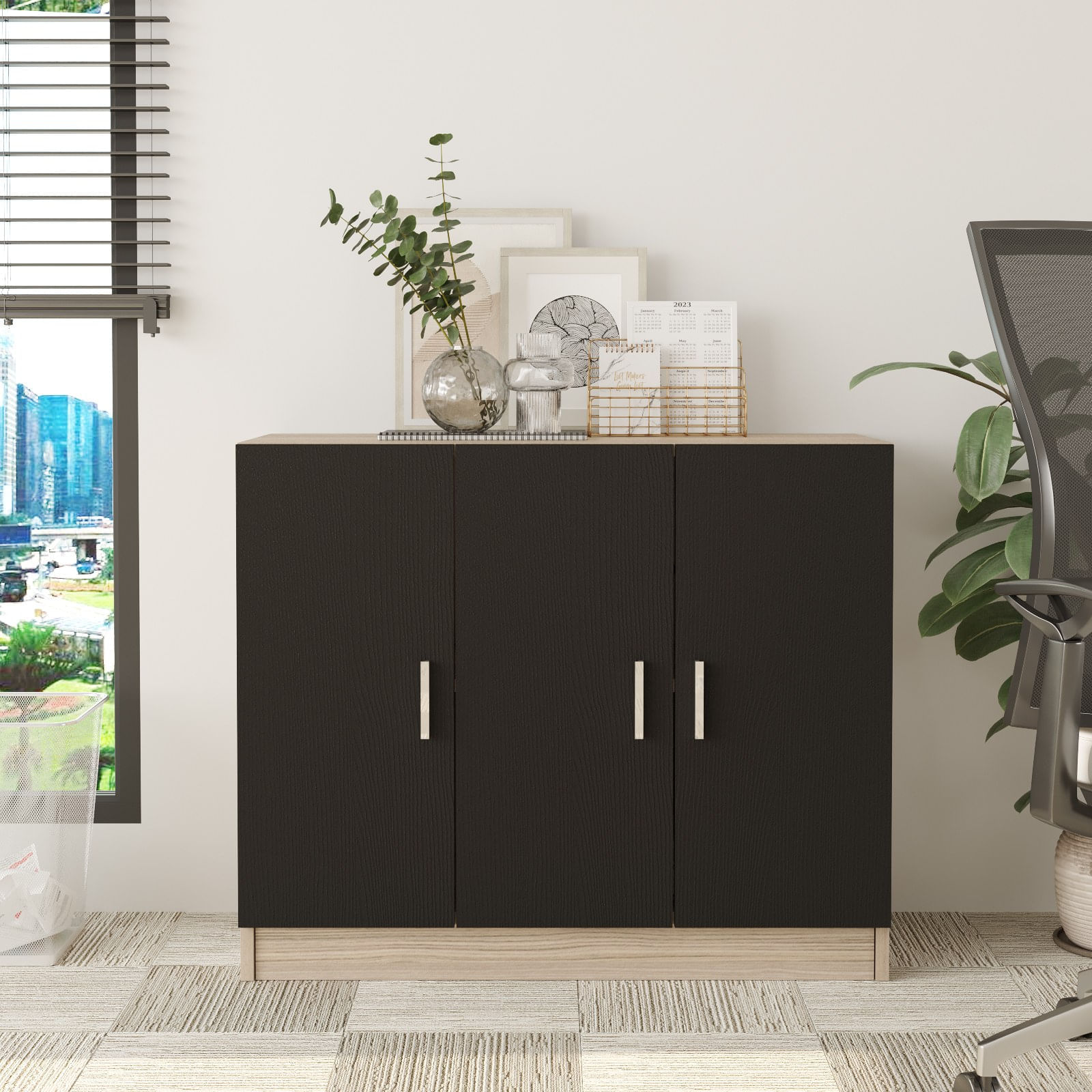 Dulap multifunctional, Hanah Home, panou de particule melaminat, stejar si negru, 89.1x38.1x73.8 cm — imaginea 2