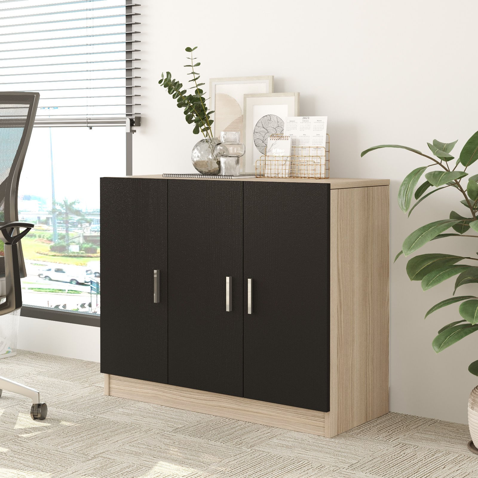 Dulap multifunctional, Hanah Home, panou de particule melaminat, stejar si negru, 89.1x38.1x73.8 cm — imaginea 3
