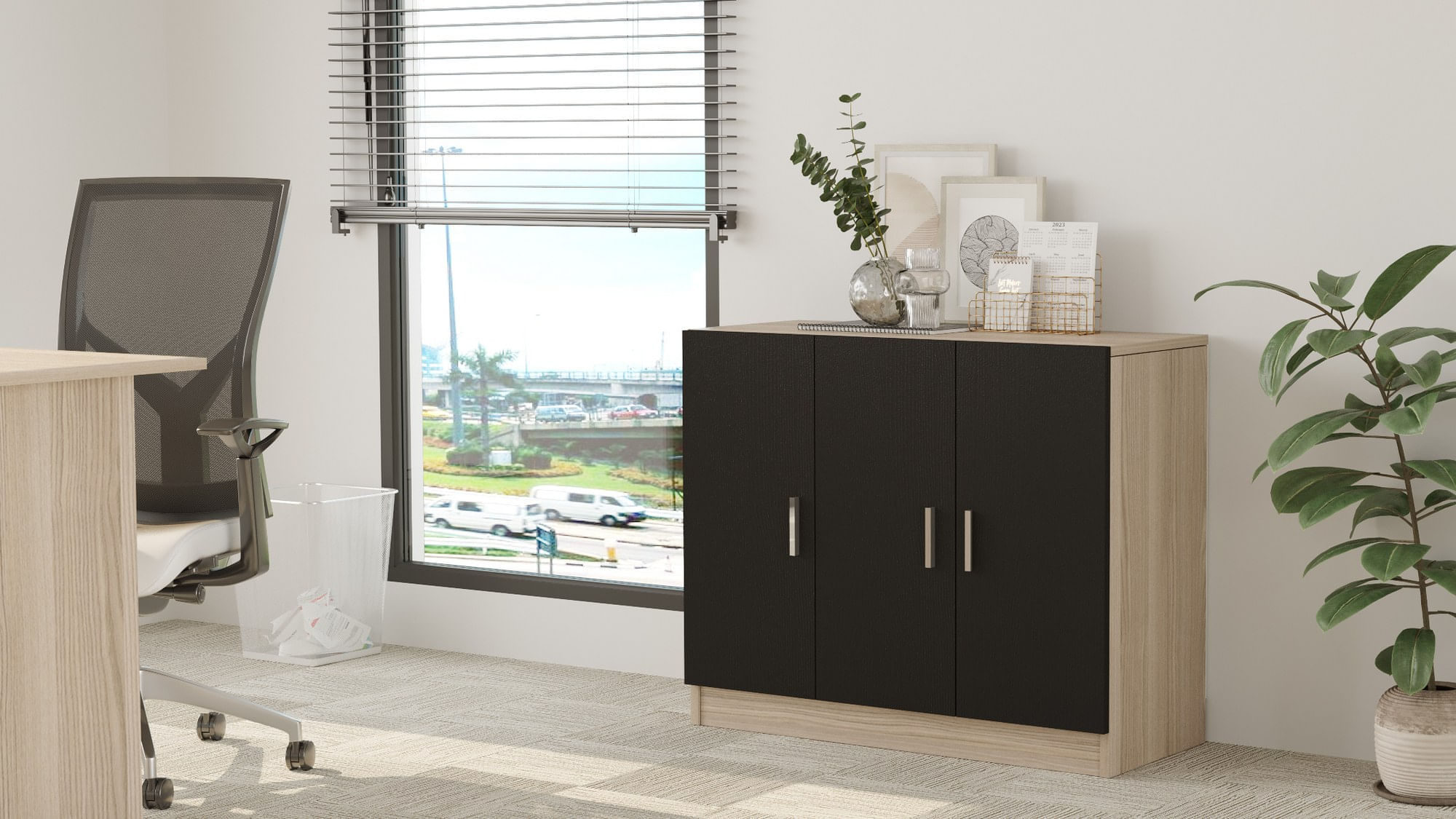 Dulap multifunctional, Hanah Home, panou de particule melaminat, stejar si negru, 89.1x38.1x73.8 cm — imaginea 4