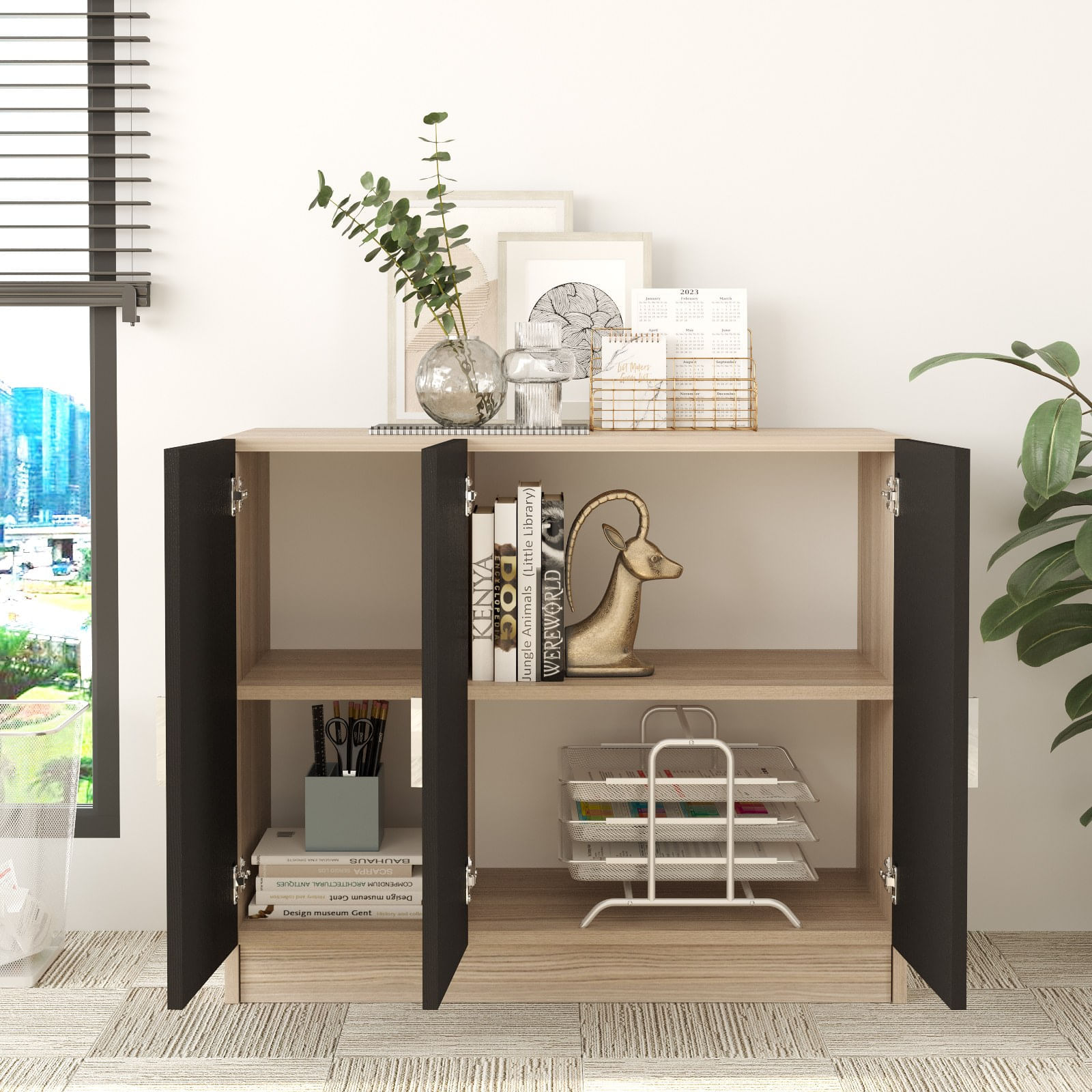 Dulap multifunctional, Hanah Home, panou de particule melaminat, stejar si negru, 89.1x38.1x73.8 cm — imaginea 5