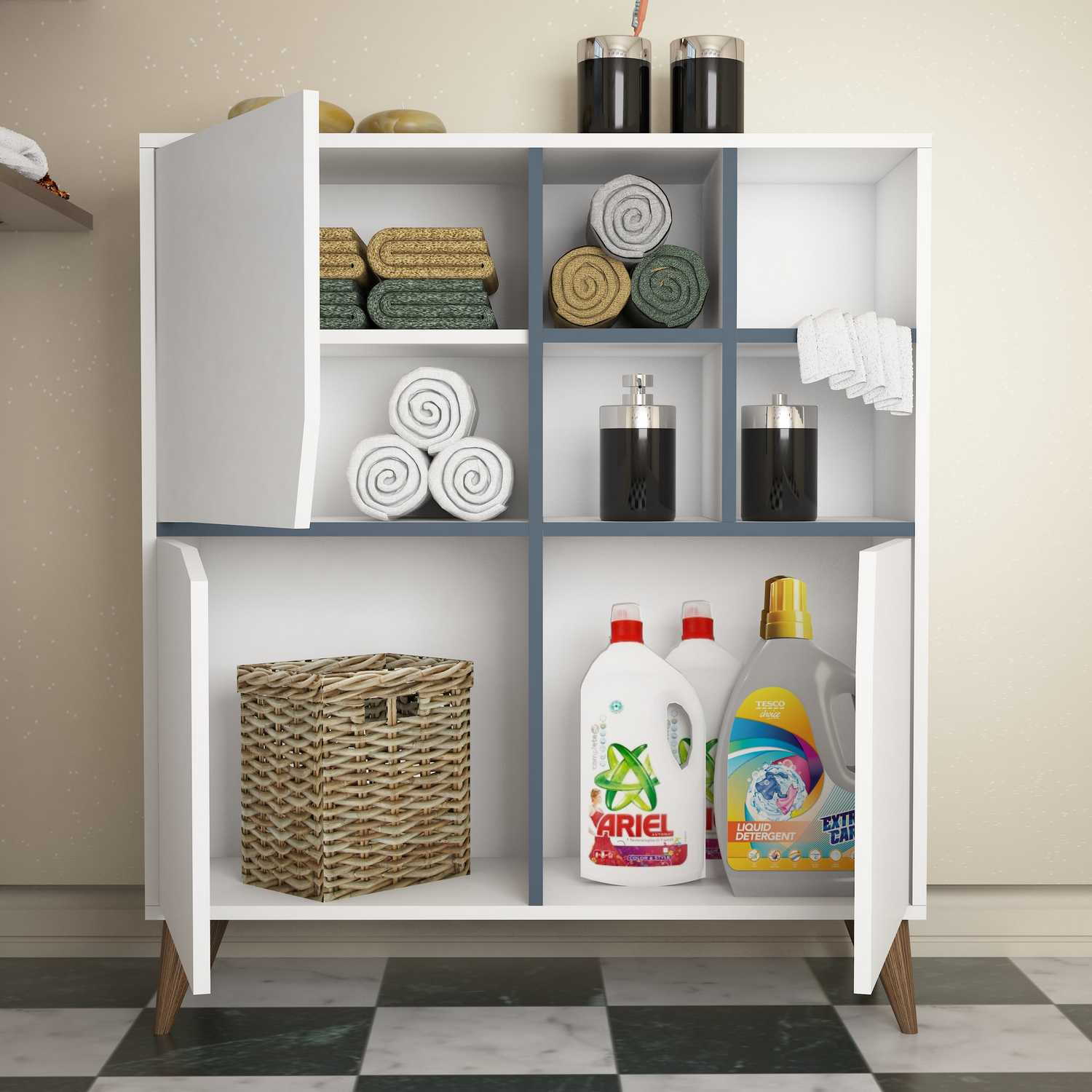 Dulap multifunctional, Hanah Home, pal melaminat, alb si albastru, 100x30x115 cm — imaginea 2