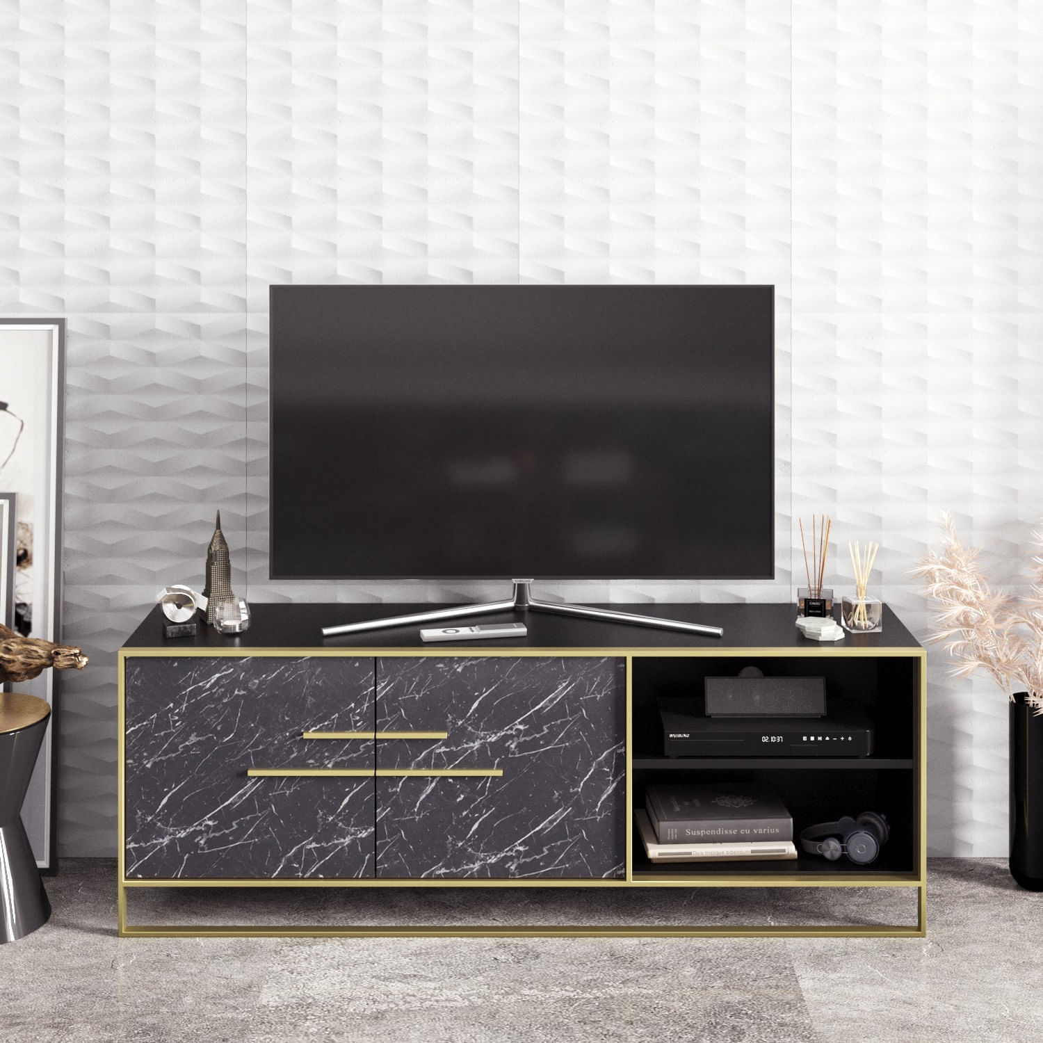 Comoda tv, Hanah Home, panou de particule melaminat, auriu si negru, 160x38.5x56.6 cm — imaginea 2