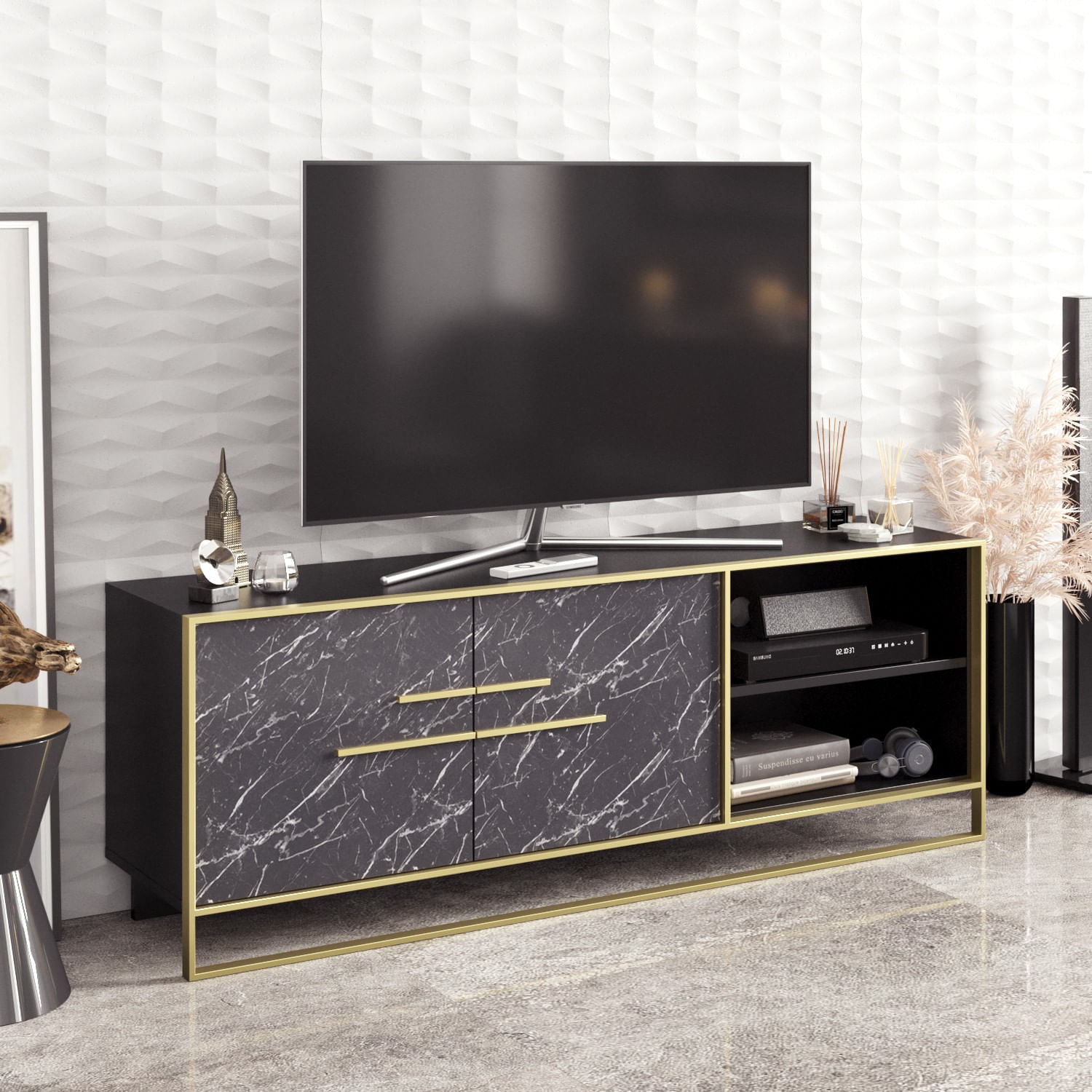 Comoda tv, Hanah Home, panou de particule melaminat, auriu si negru, 160x38.5x56.6 cm — imaginea 5