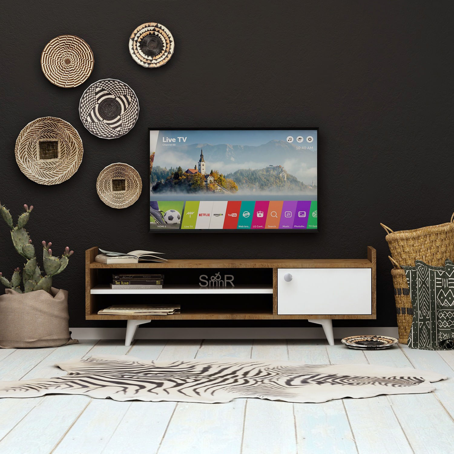 Comoda tv, Hanah Home, pal melaminat, stejar si alb, 120x47x35 cm — imaginea 2
