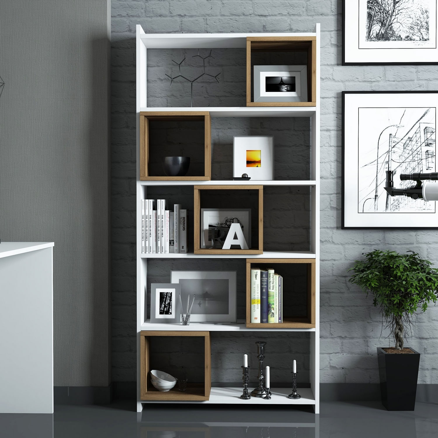 Birou cu biblioteca, Hanah Home, pal melaminat, alb si nuc, 120x65x75 cm — imaginea 2