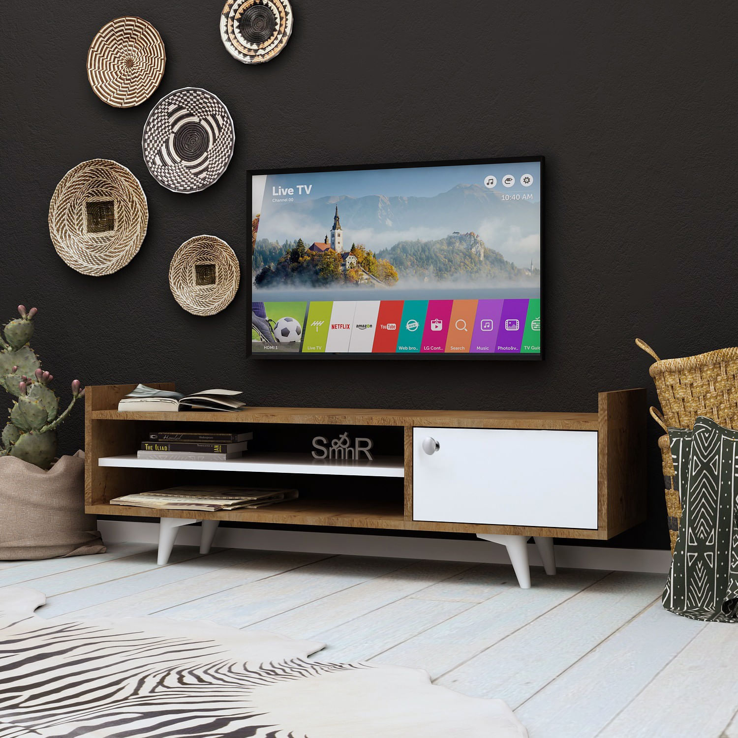 Comoda tv, Hanah Home, pal melaminat, stejar si alb, 120x47x35 cm — imaginea 3