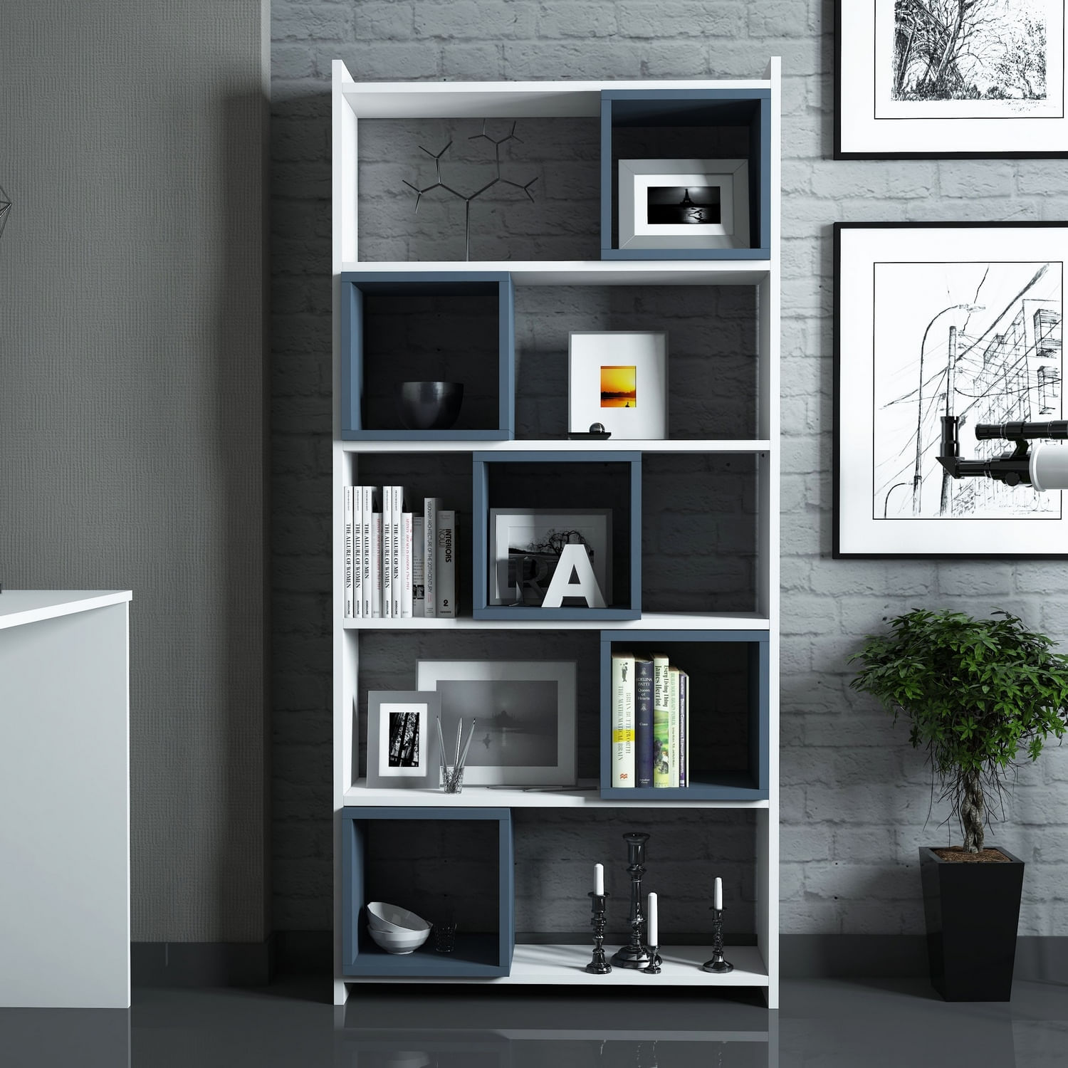 Birou cu rafturi, Hanah Home, pal melaminat, alb si albastru, 120x65x75 cm — imaginea 4